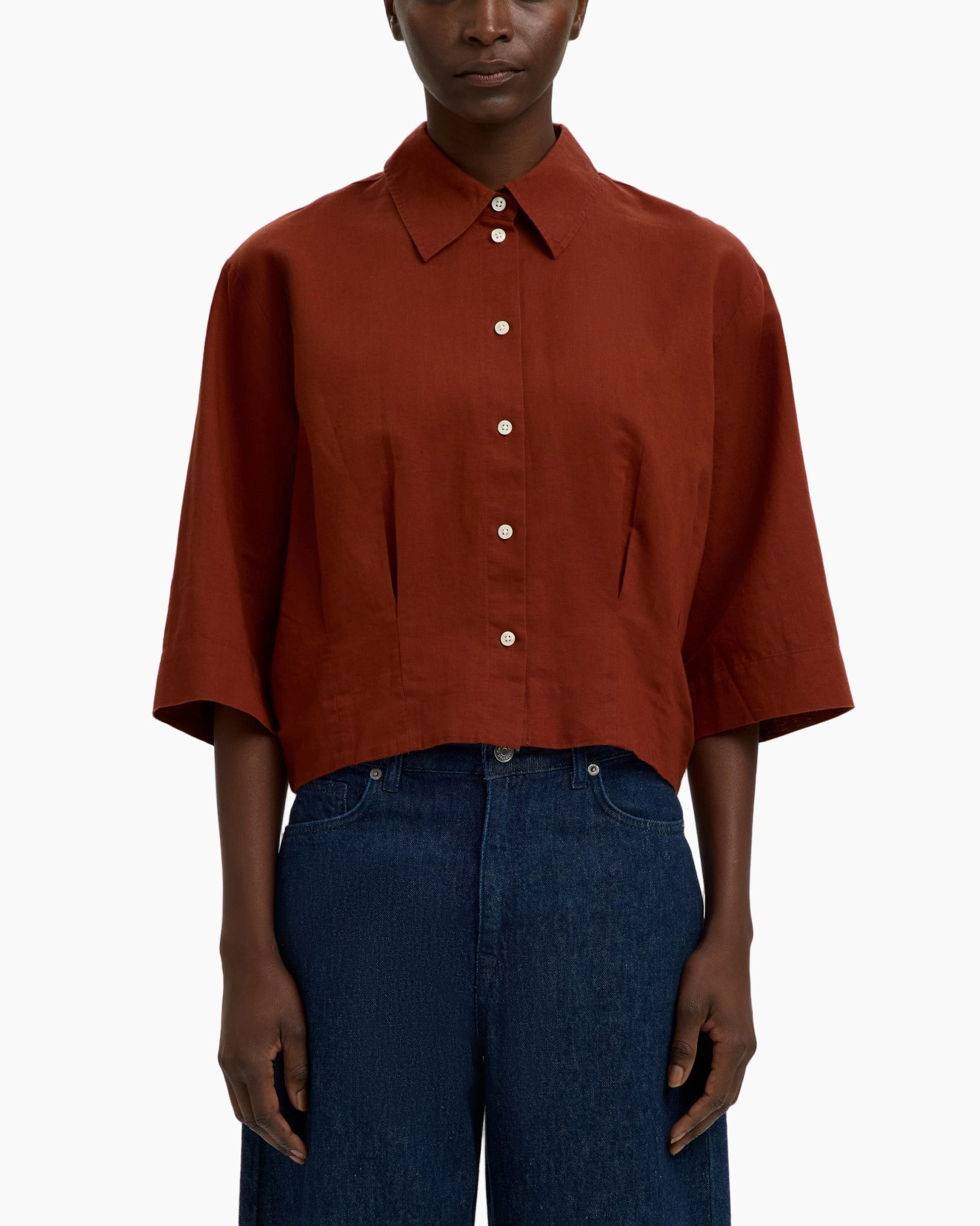 blouse, linnen, roken?, button-down, verkort