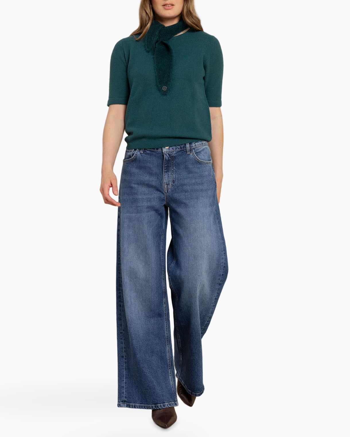 turkoois top, korte mouwen, gebreide top, rundhals, vrouwen shirt
