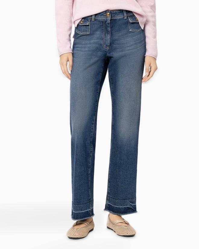 spijkerbroek, denim, rechte pijp, blauw, verblaasd, gerafelde zoom