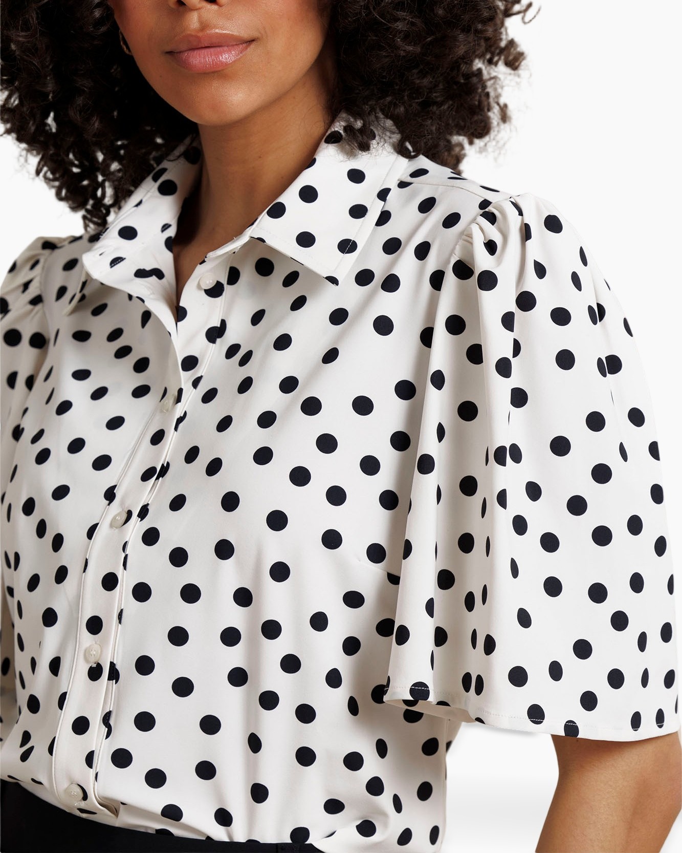 polka dot, blouse, wit, korte mouw, kraag-shirt