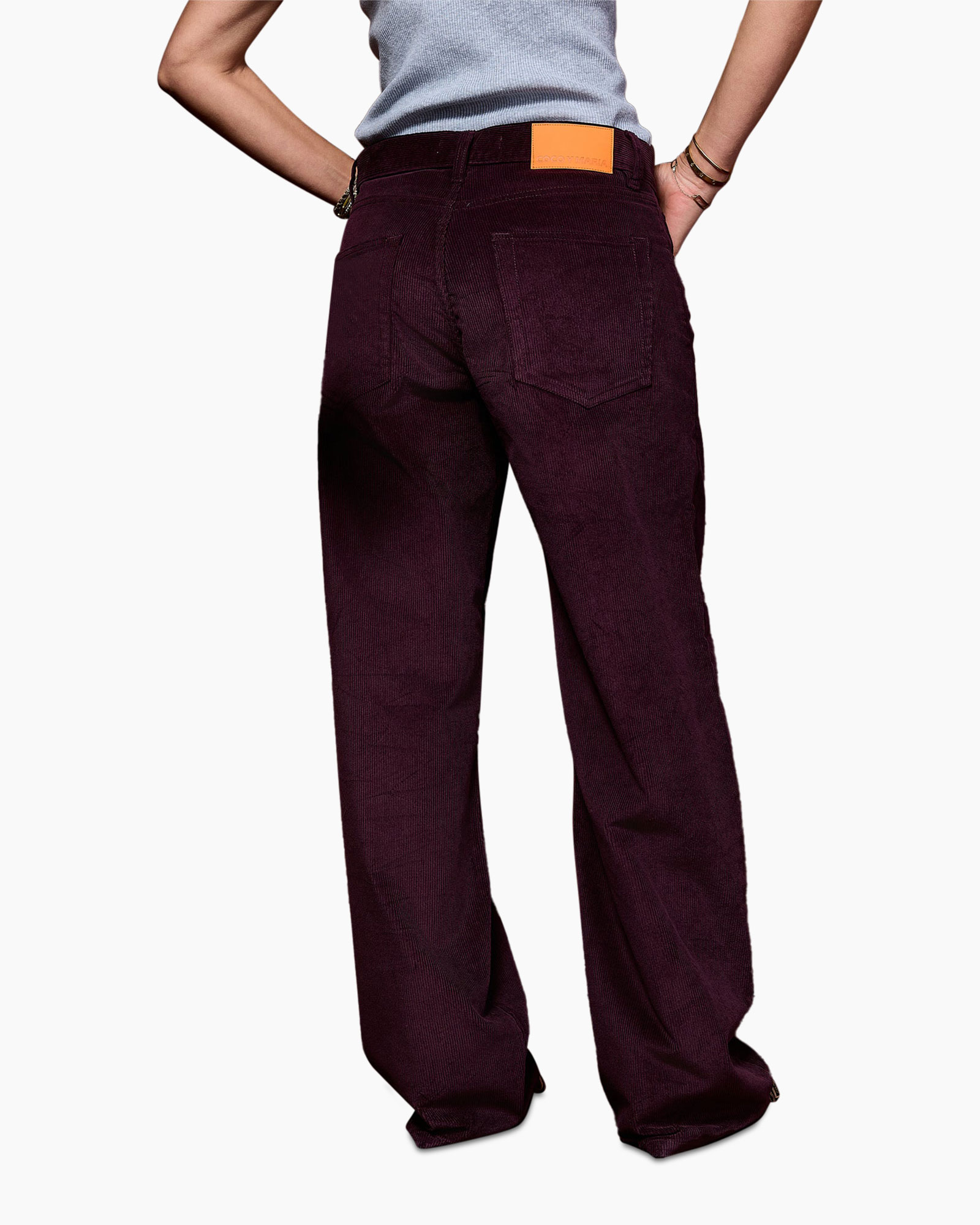 broek, korduroy, achterzakken, paars, volle lengte