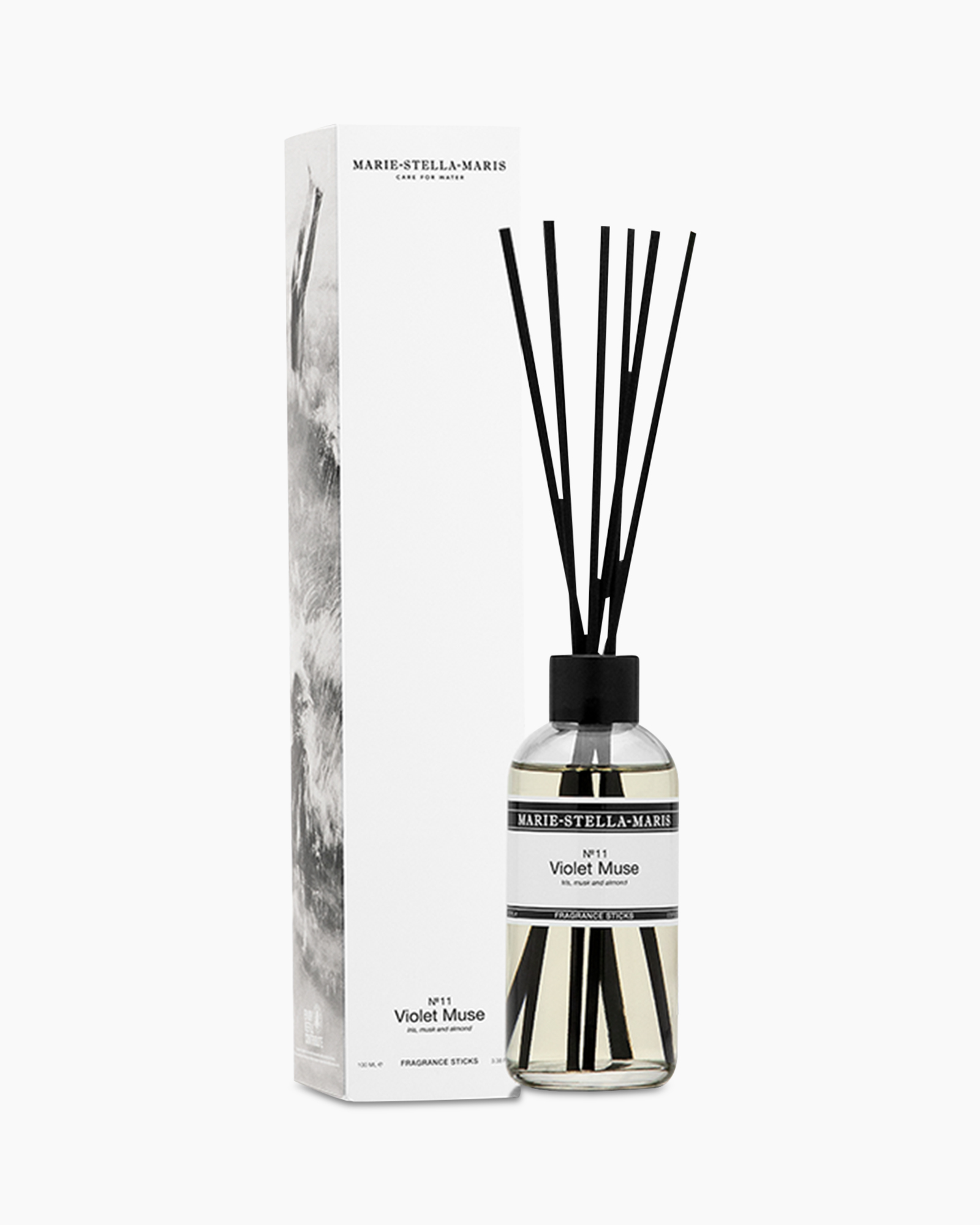 reed diffuser, fragrance sticks, violet muse, glasfles, zwarte rietstokken