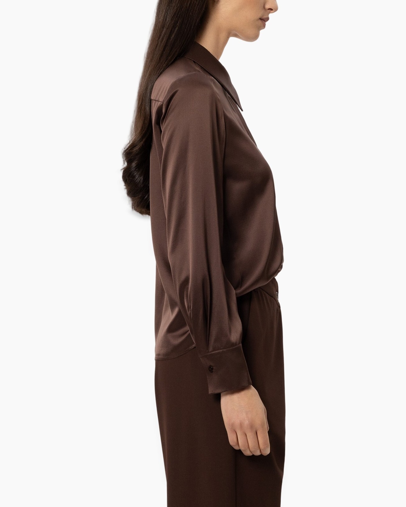 zijde, bruin, blouse, lange mouw, kraag