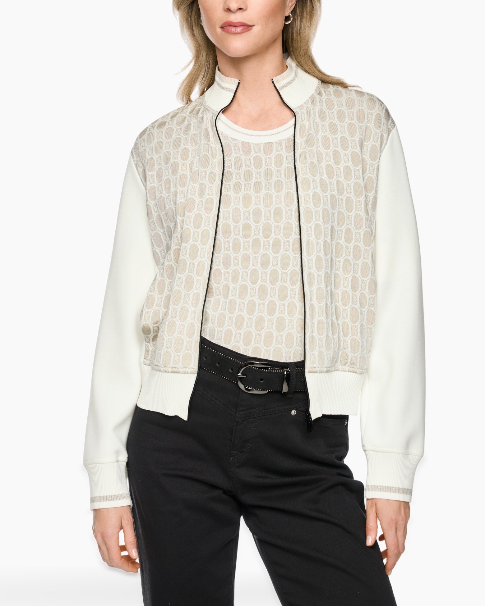 cardigan, patroon kant, crème wit, lange mouwen, zwarte riem