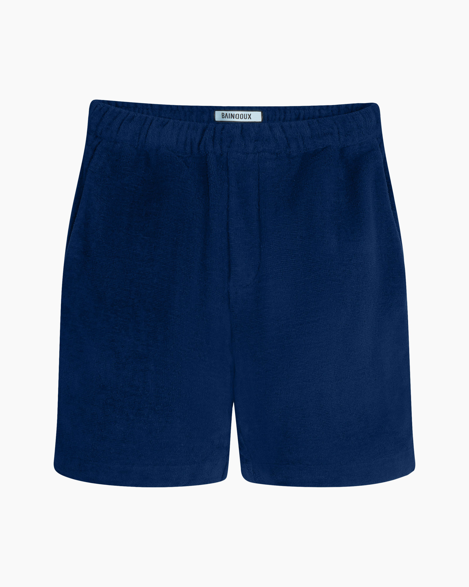 shorts, navy, linen? no, drawstring? not visible, flat front