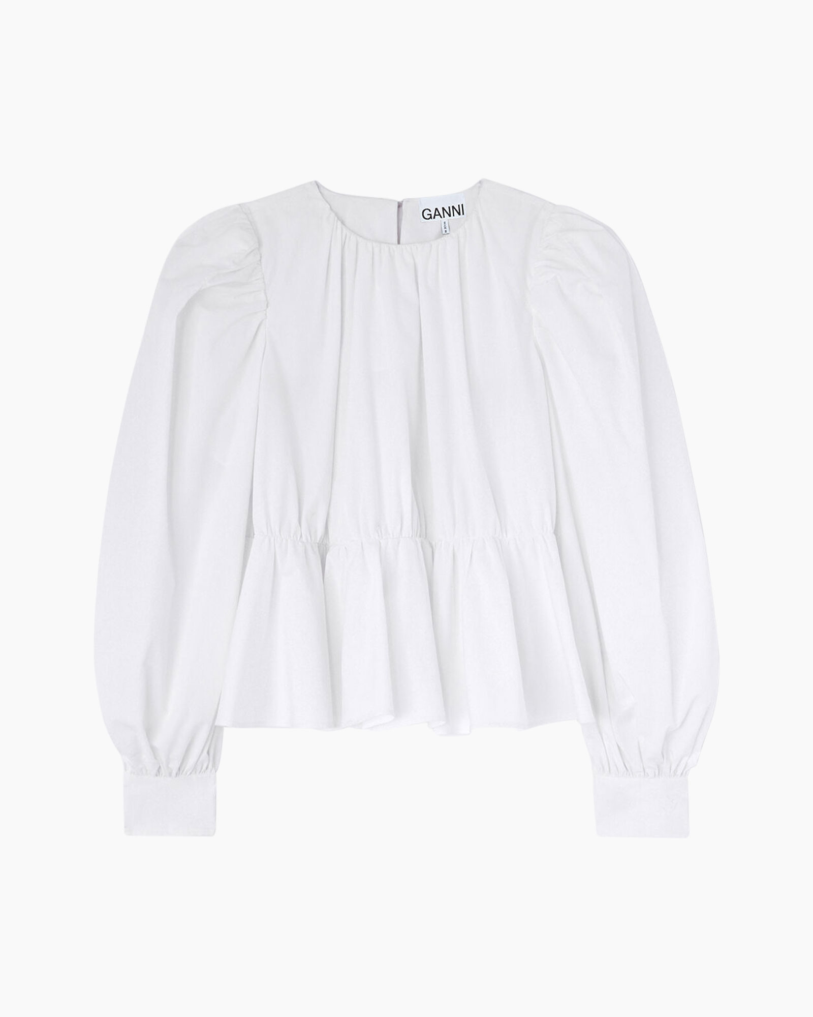 wit, blouse, pofmouwen, peplum, lange mouw