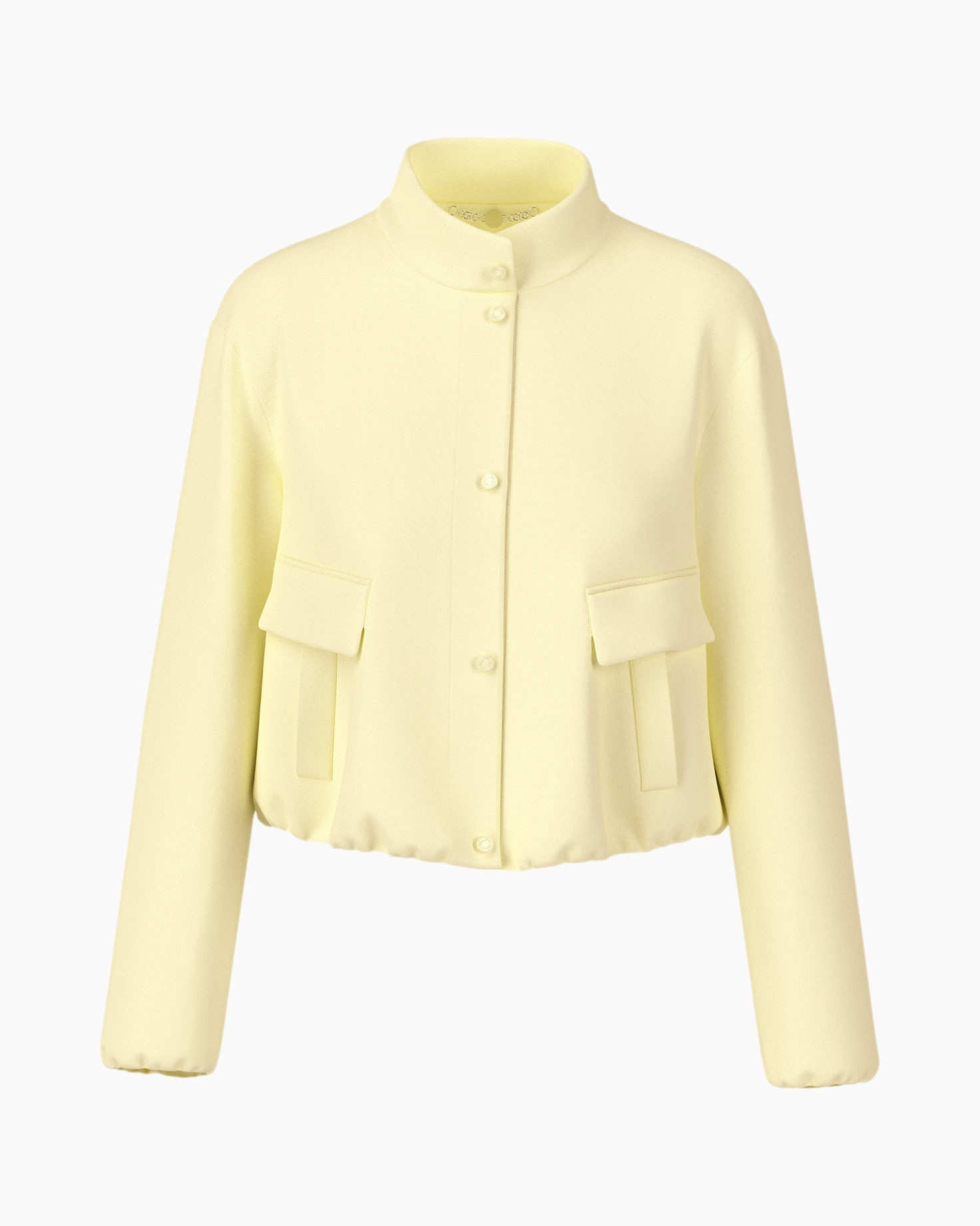 jacket, puffer, yellow, stand collar, pockets