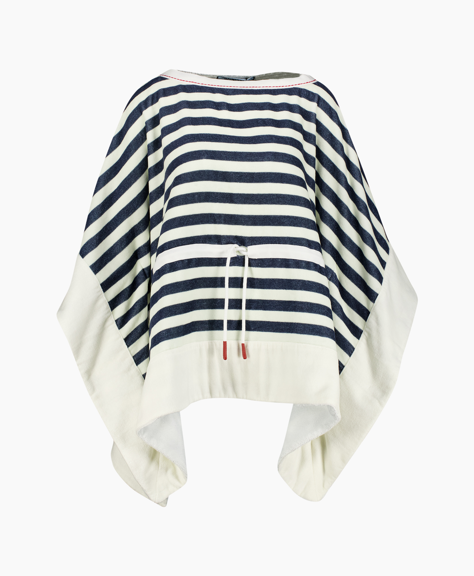 poncho, gestreept, marineblauw, crème, touwtrommel