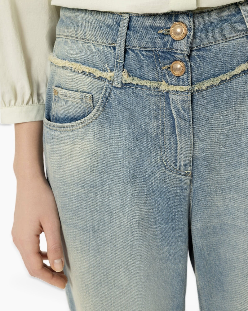 denim, spijkerbroek, blauw, versleten, hoog taille