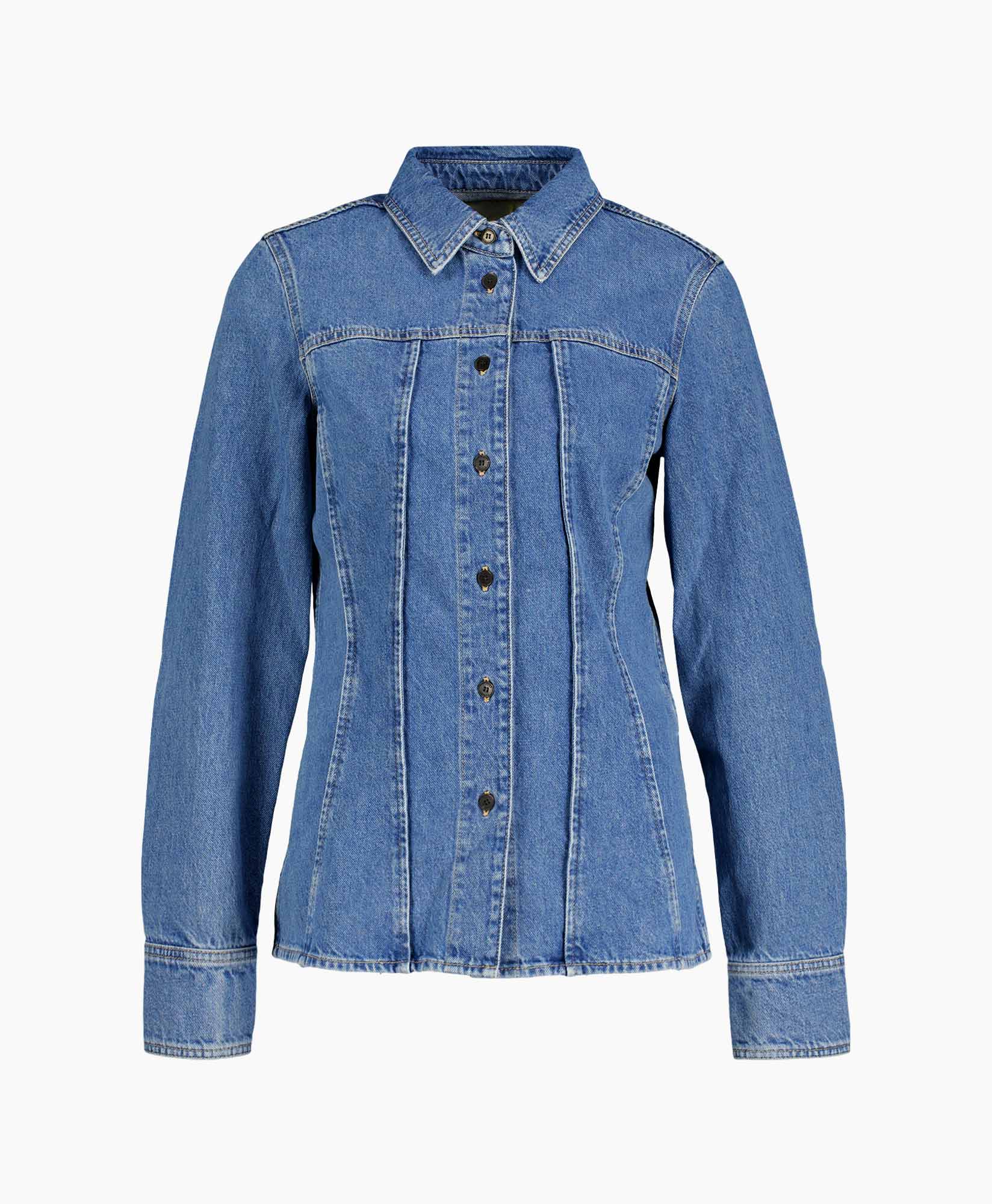 denim, jas, blauw, lang-sleeve, knopen-down