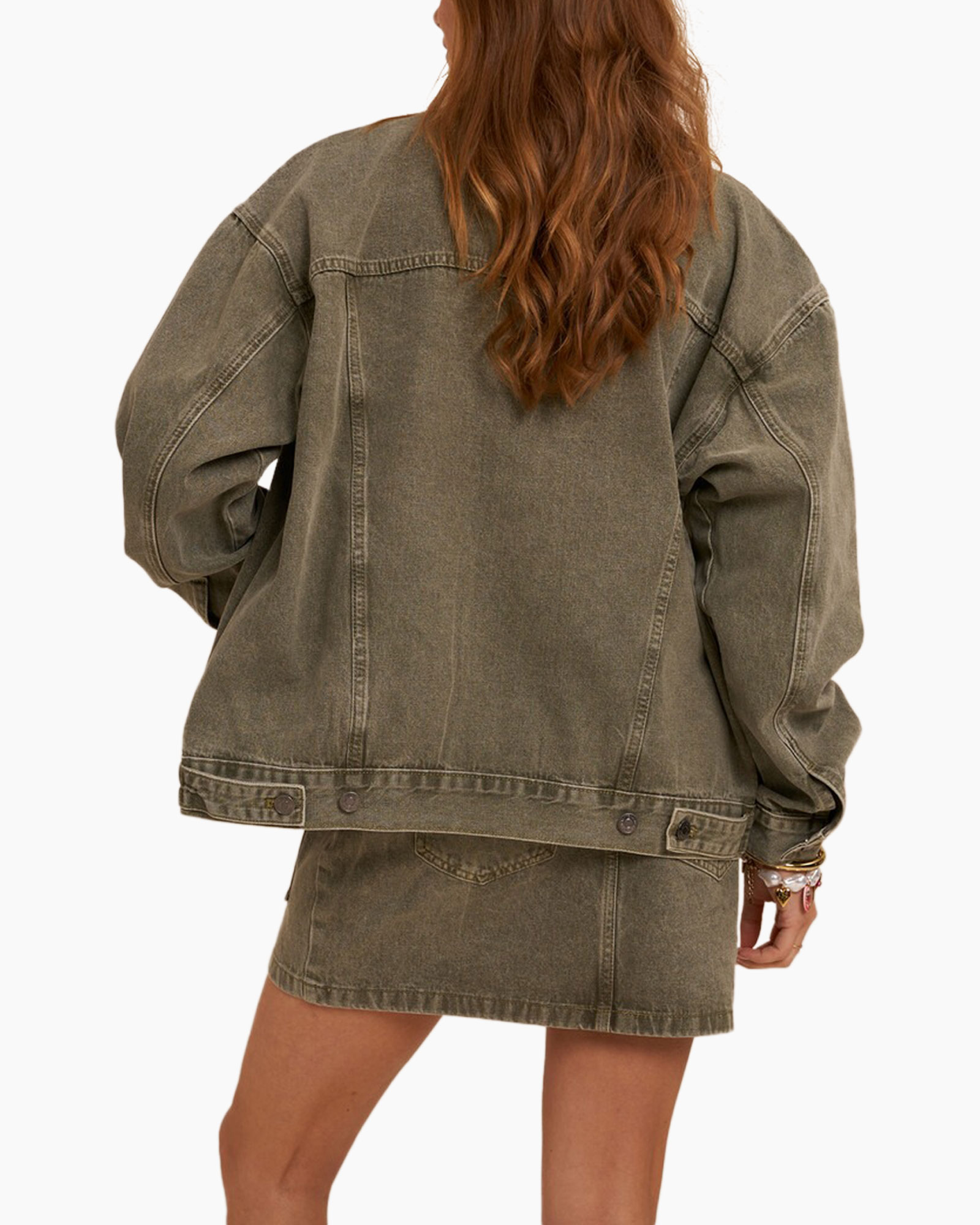 jacket jeans, olijfgroen, oversized, knopen voorzijde, zakkenrok set