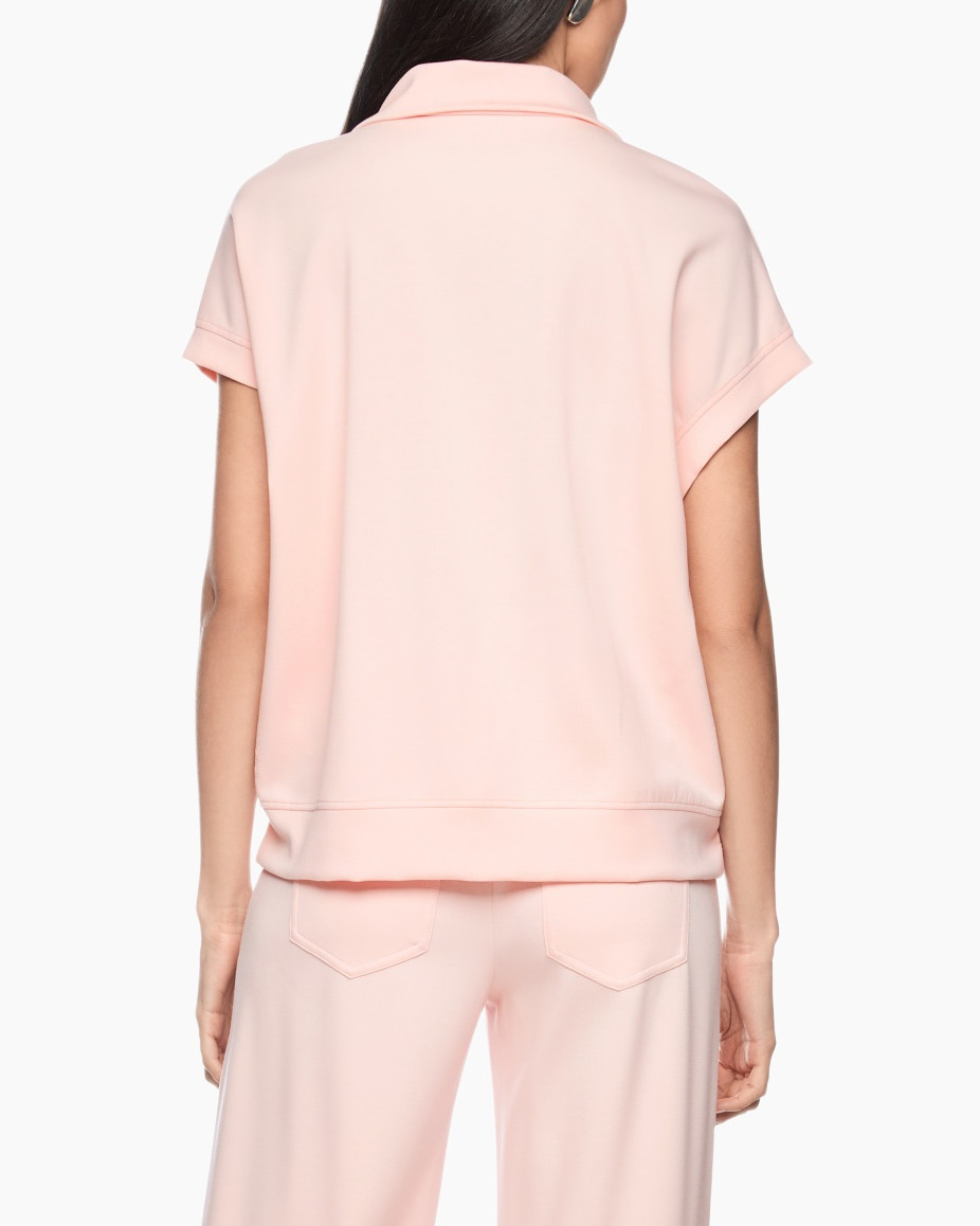 polo, turtleneck, light pink, knit top, belted pants