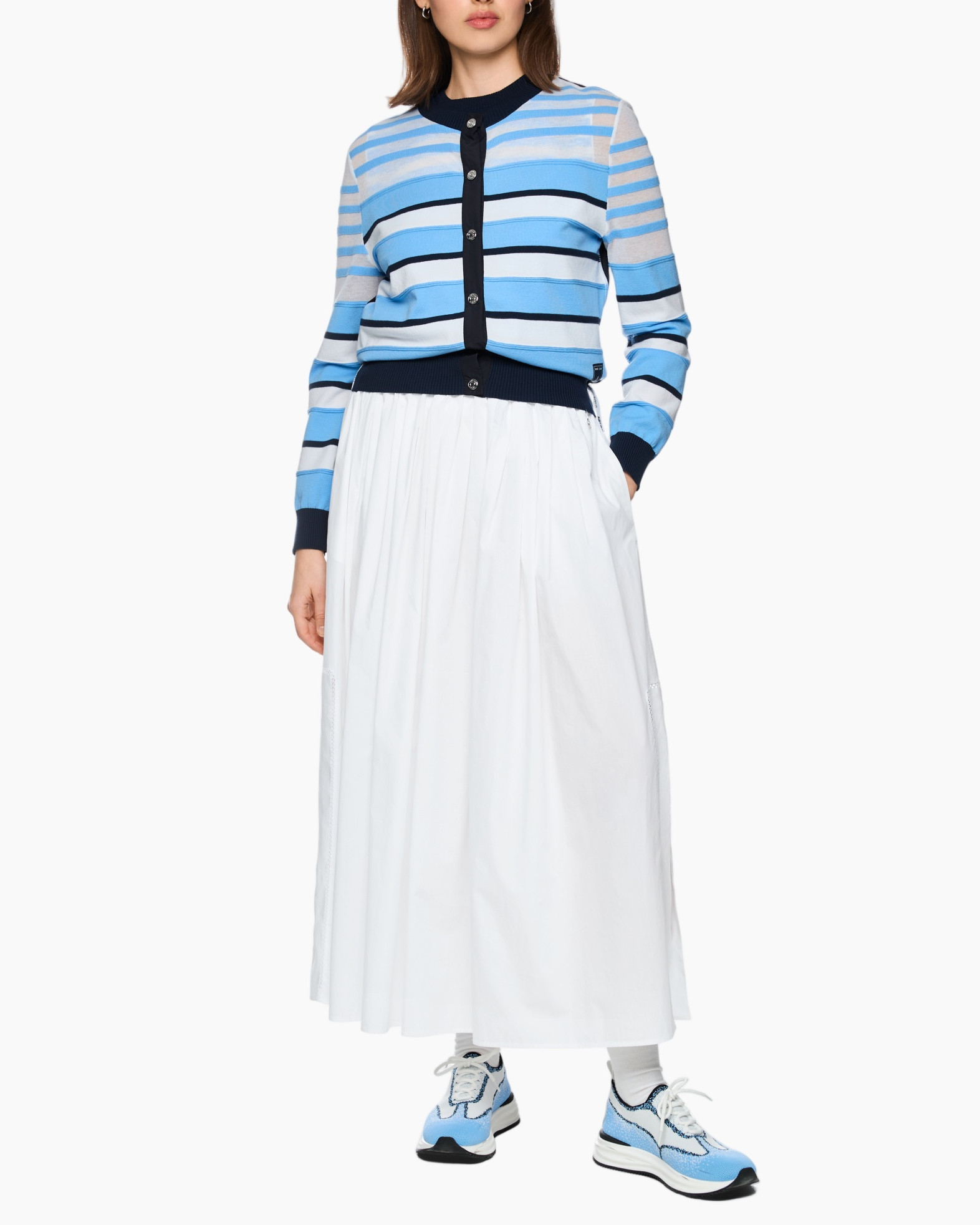 cardigan, striped, blue, long skirt, sneakers