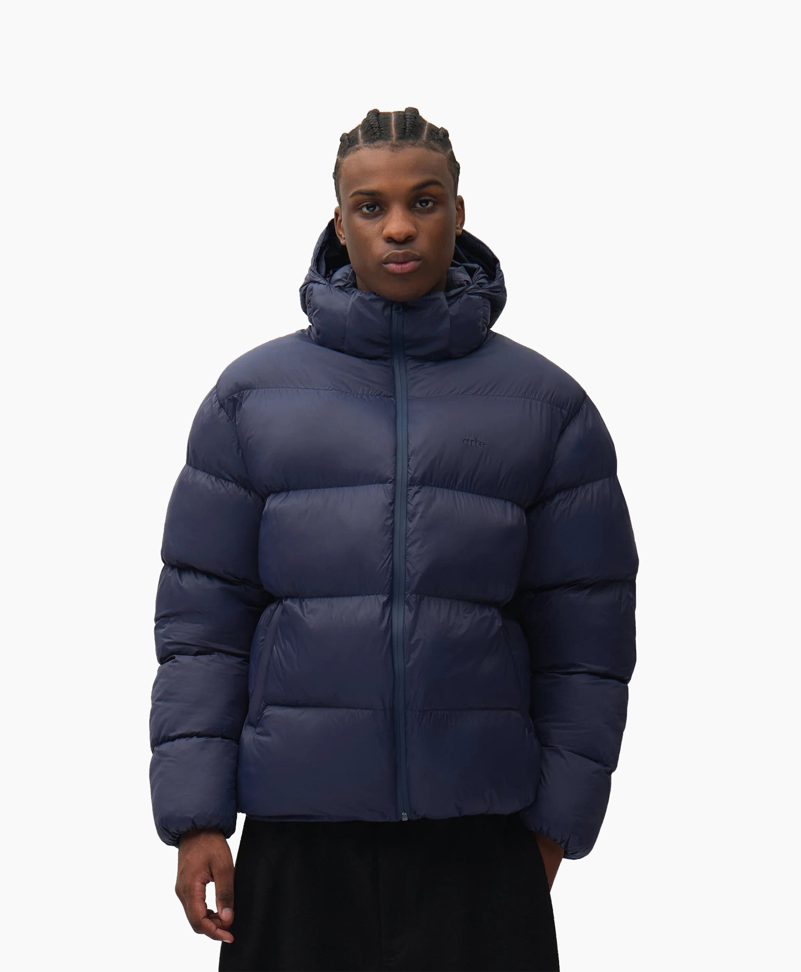 donsjack, pufferjas, capuchon, marineblauw, Rits voorzijde