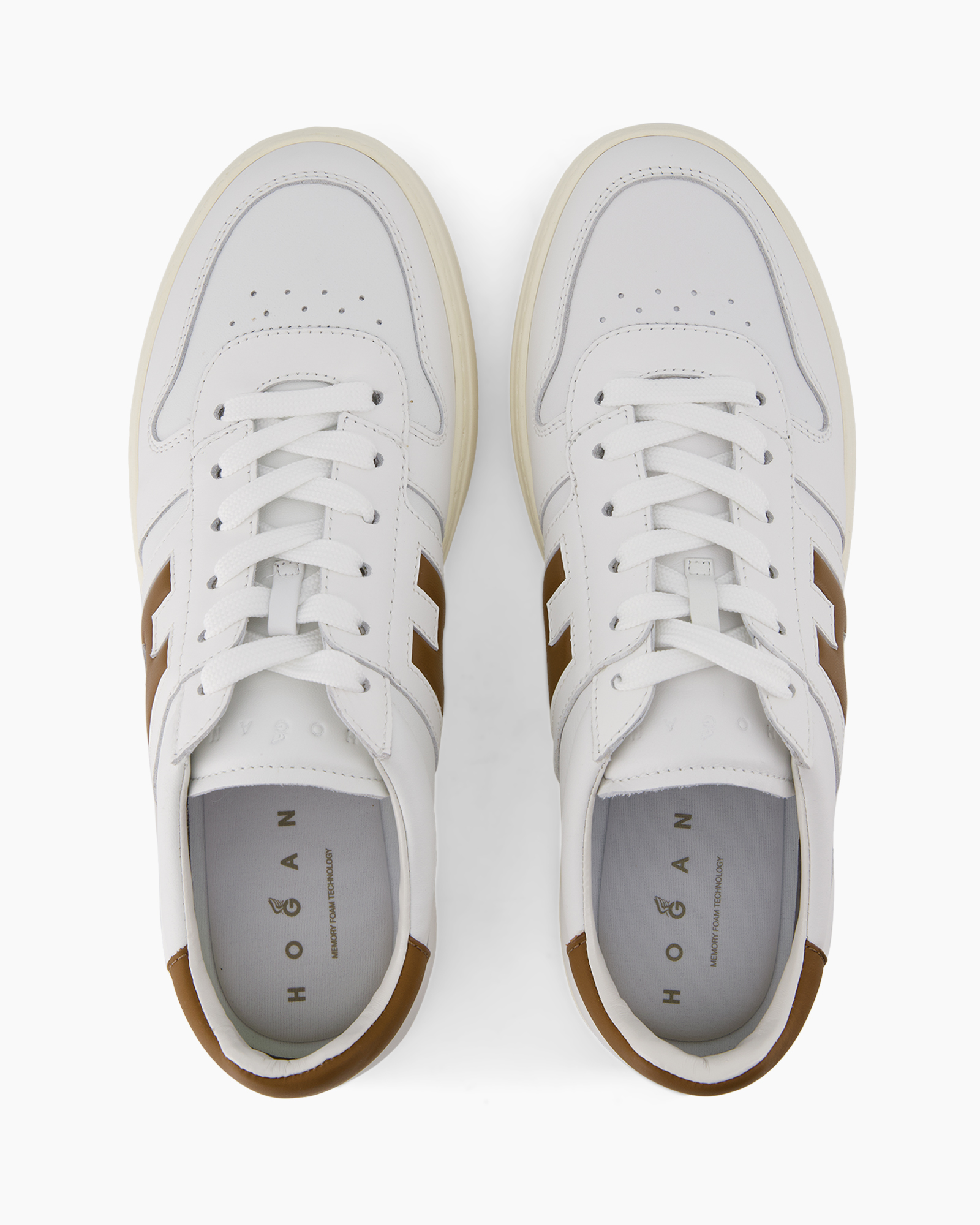 sneakers, wit, lage cut, veters, bruin accent, athletische schoen