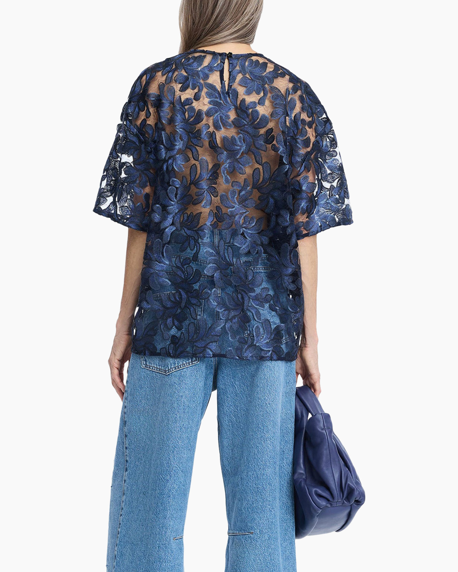 lace top, blue floral, transparent overlay, short sleeve, loose fit