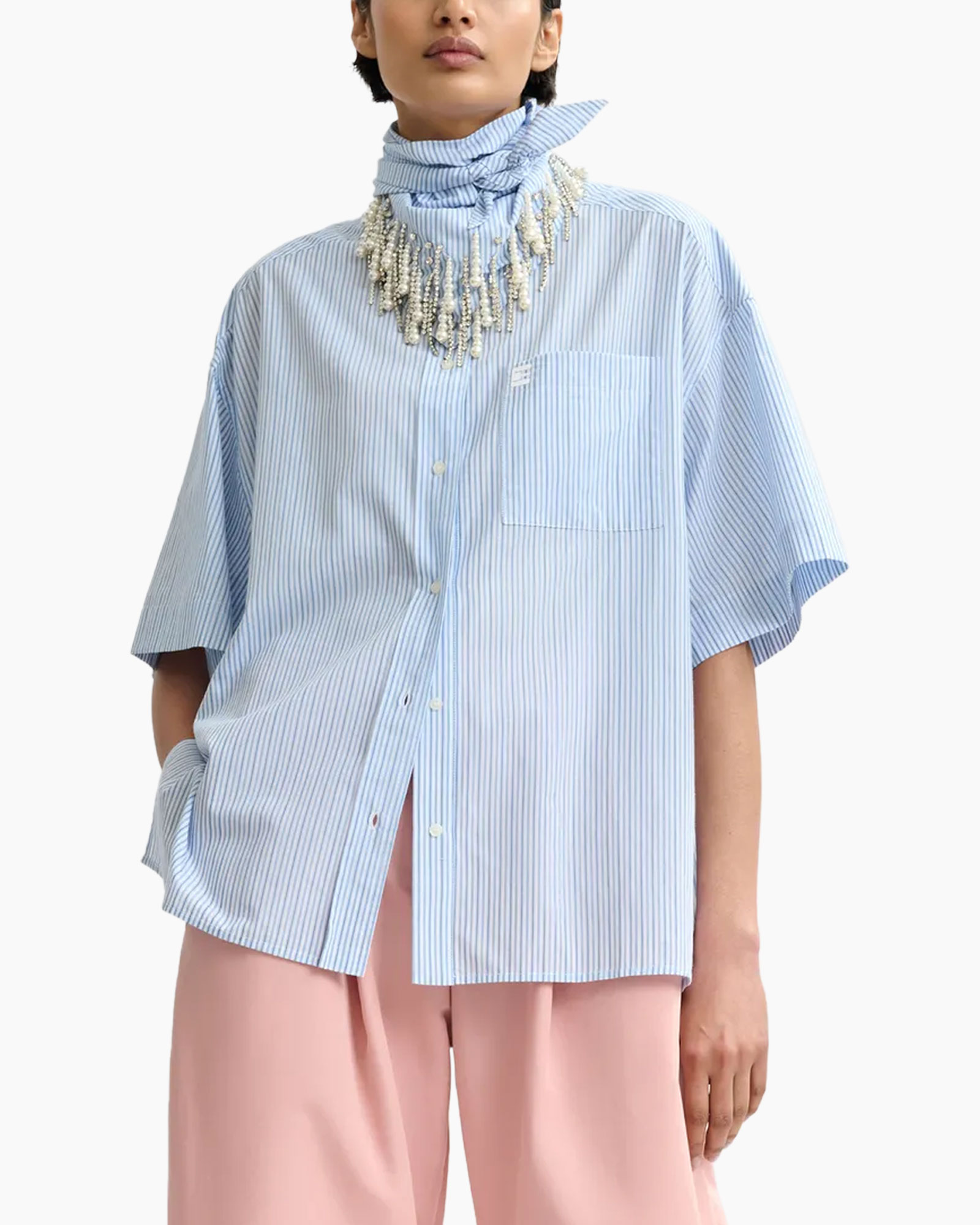 gestreept overhemd, oversized pasvorm, korte mouwen, kraag, knopen