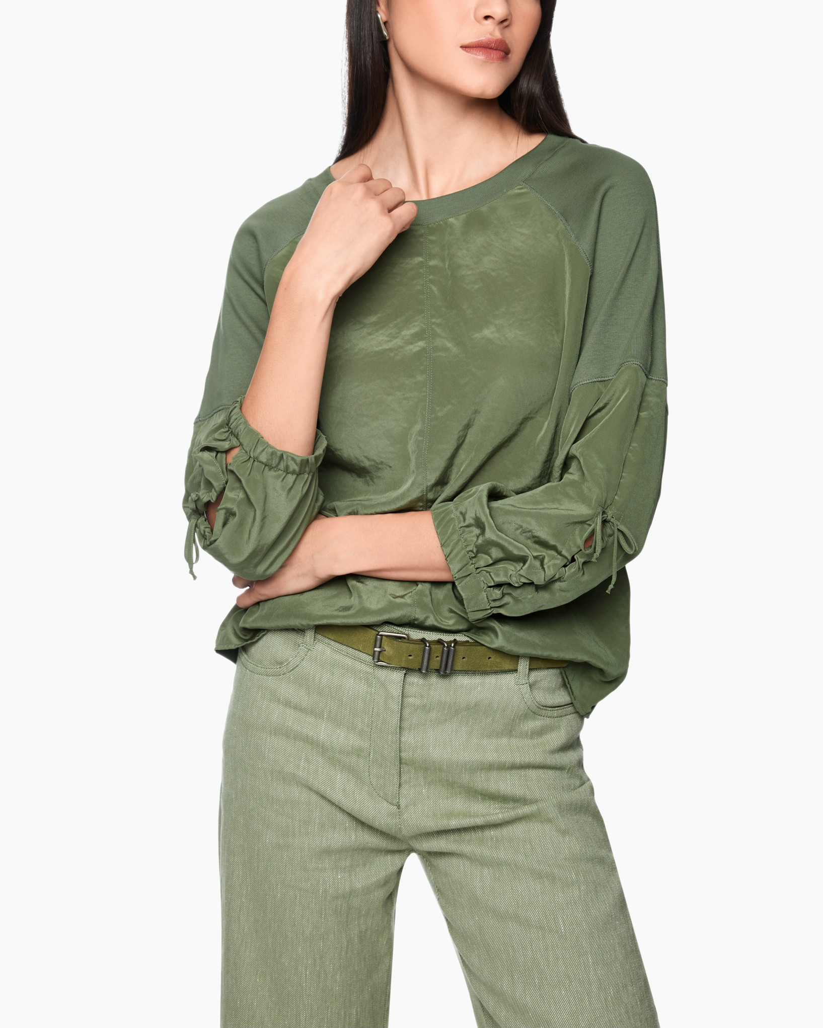 green, blouse, long sleeve, raglan, drawstring sleeves