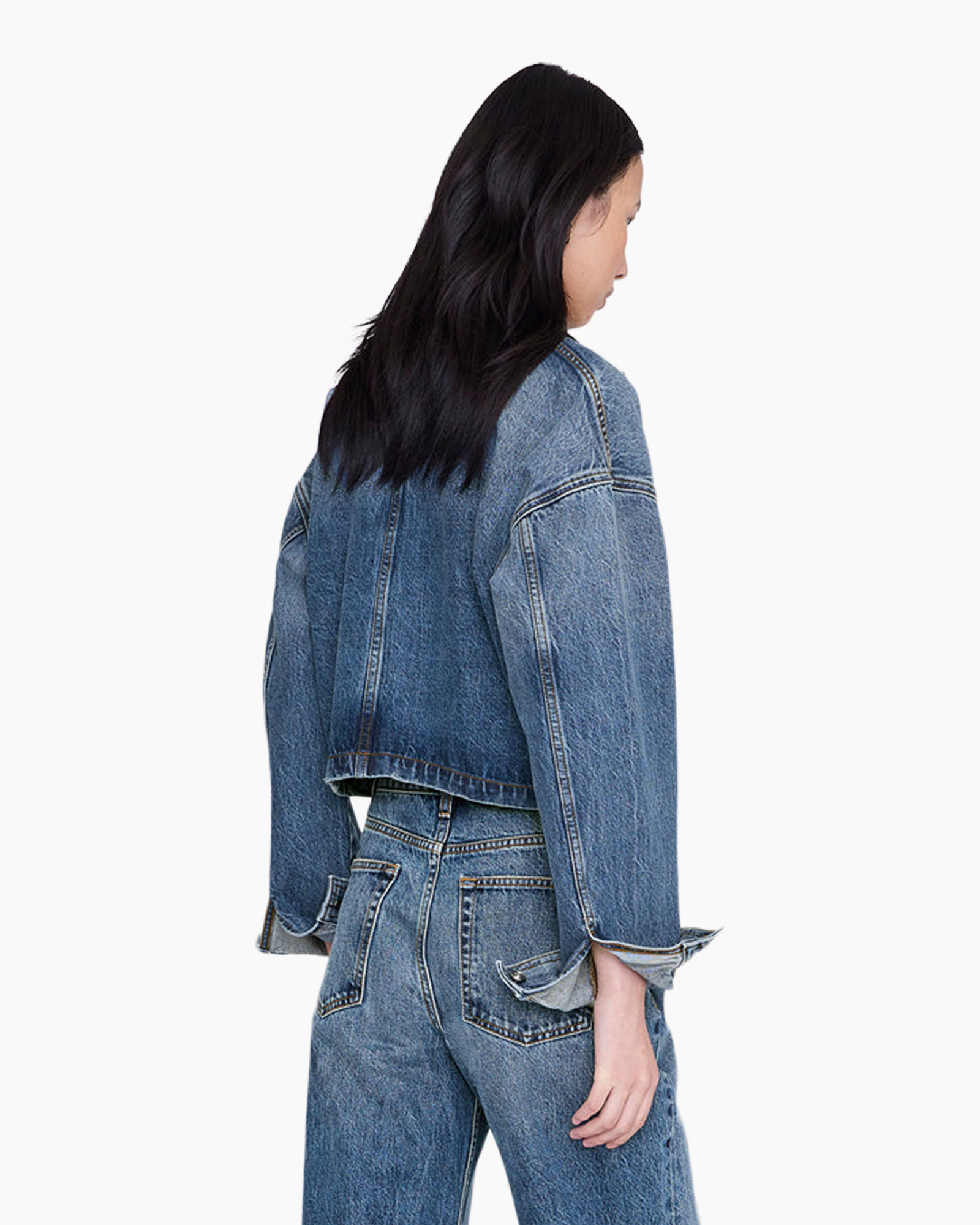 spijkerjas, blauwe jeans, kraag, metalen knopen, voren in voorzijde