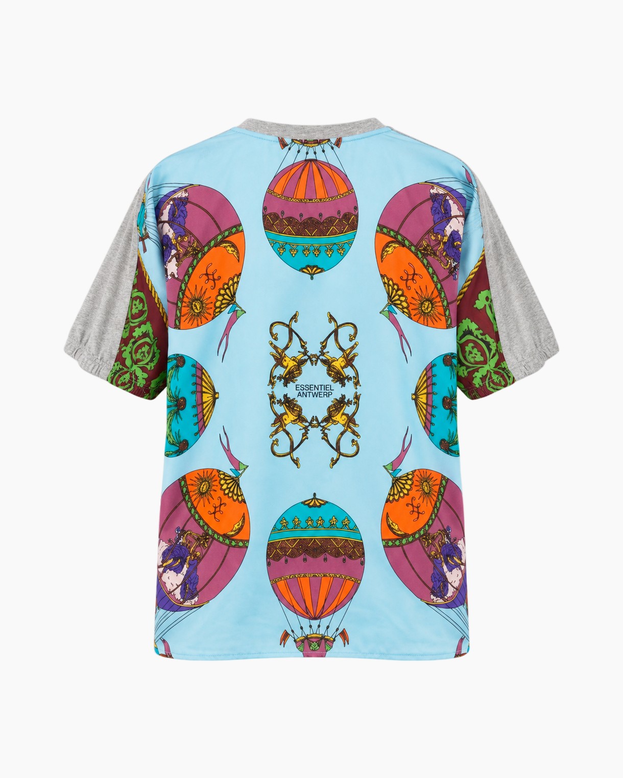 T-shirt, Gemêleerd grijs, Ronde hals, Korte mouwen, Bedrukte zijpanelen