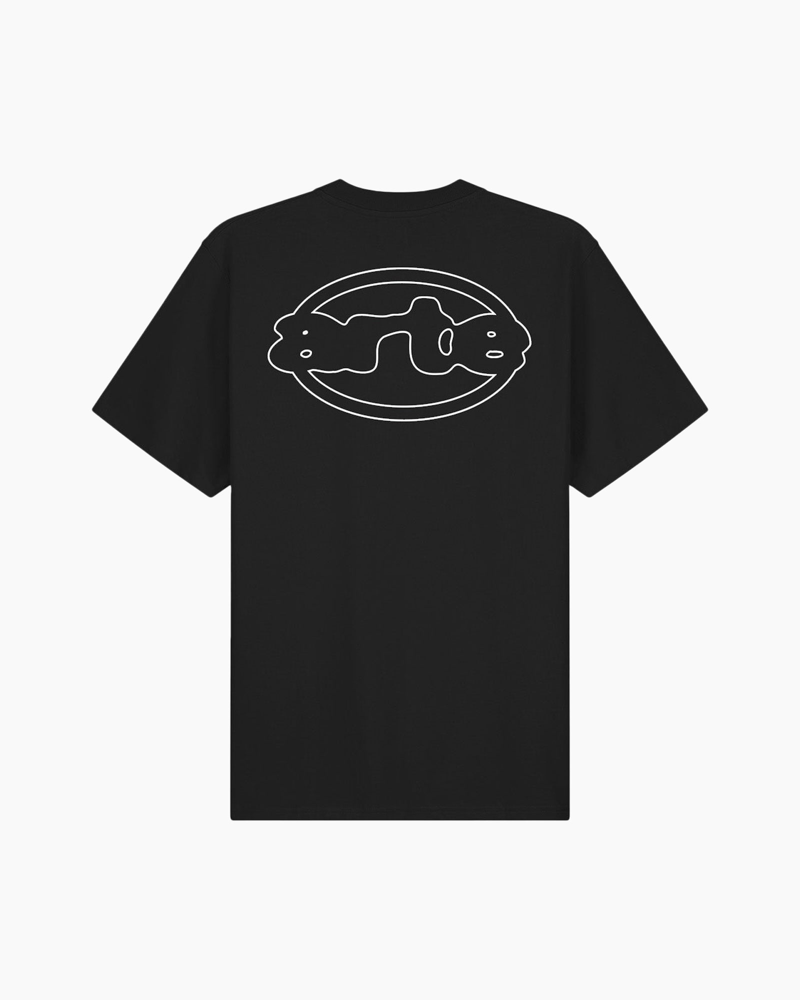 t-shirt, zwart, grafisch, oval logo, lineaire kunst