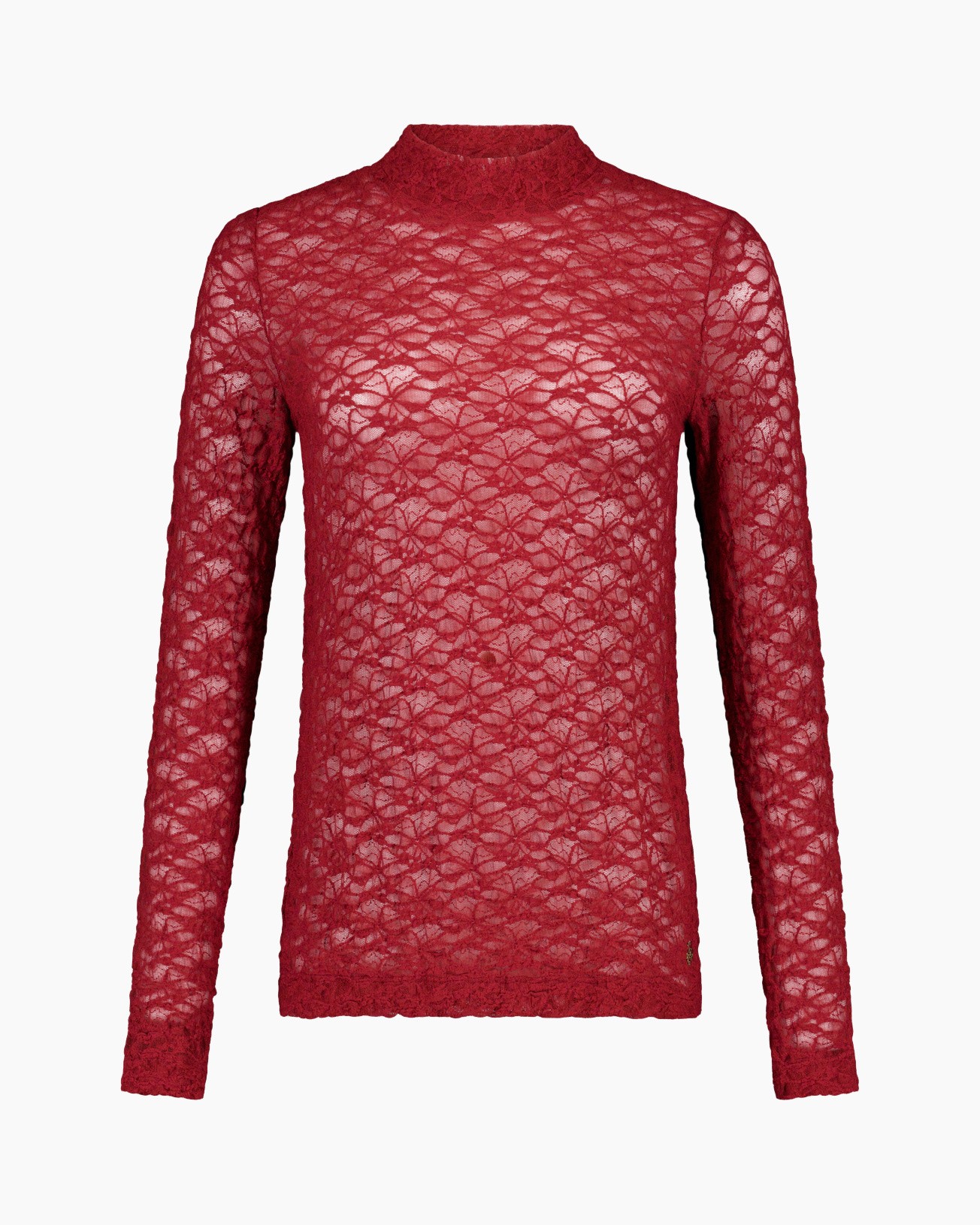 top lace, rood top, lange mouwen, hoge hals, doorzichtig materiaal