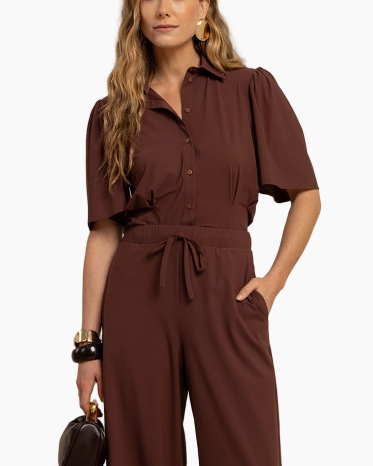 overall?, bruin, bruin jumpsuit, korte mouw, riem, knopen