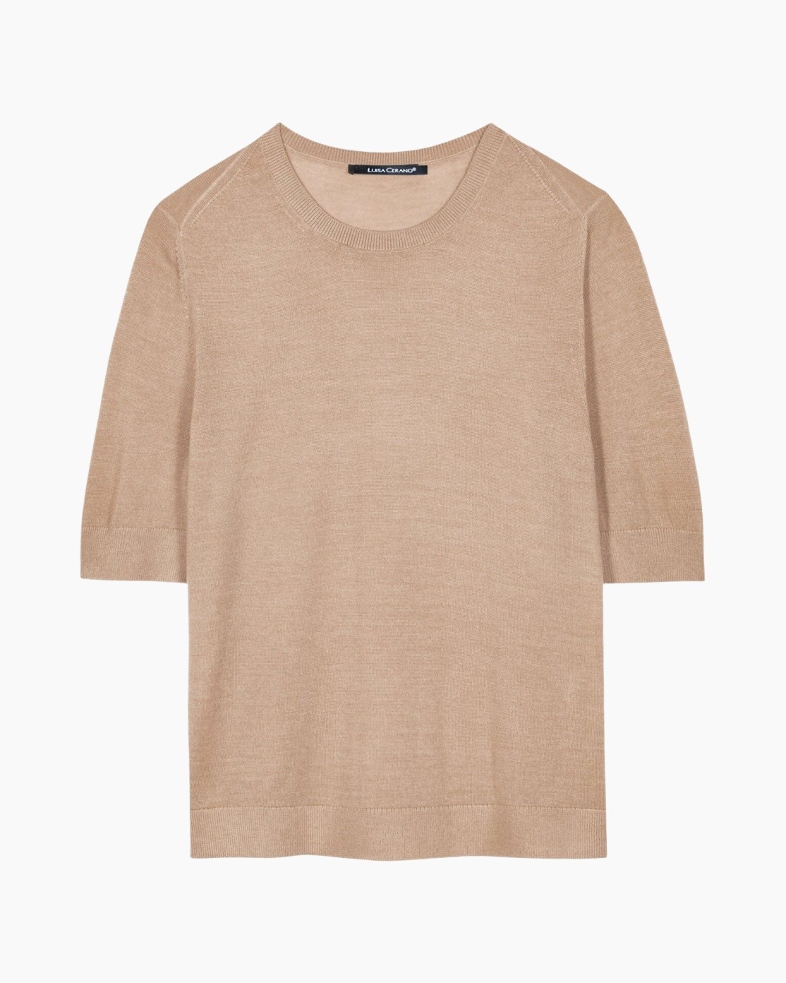 trui, beige, örgü, yuvarlak yaka, üçte dördünce kollu