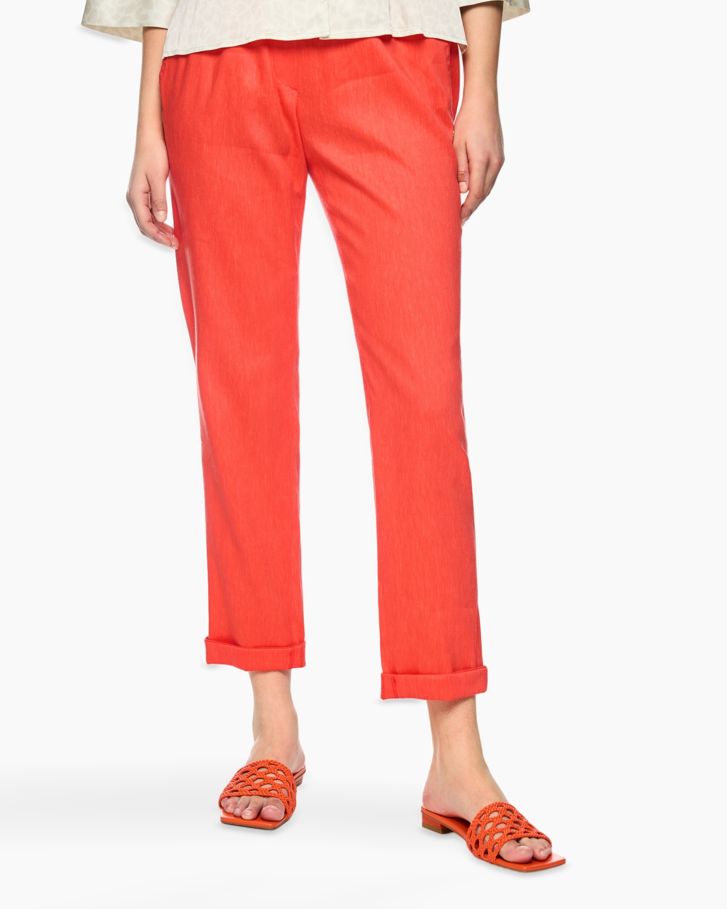 broek, rood, linnen, enkellengte, slim-fit