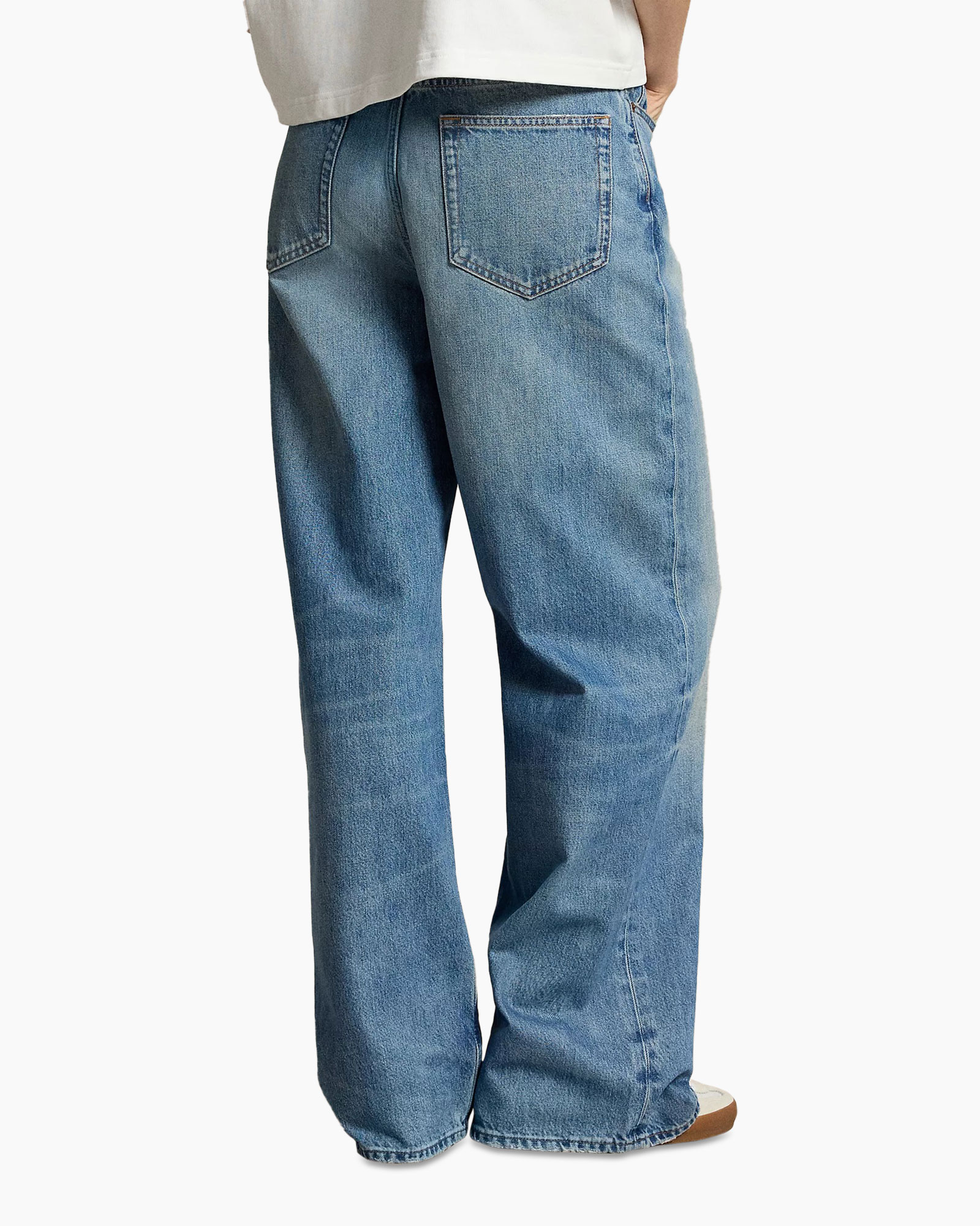 broek, denim, bootcut, achterzakken, blauw