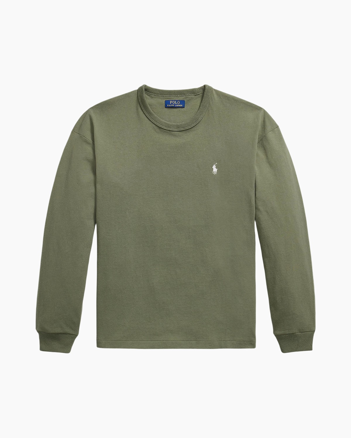 sweatshirt, langermouwen, olijf, breistrui, klein-logo