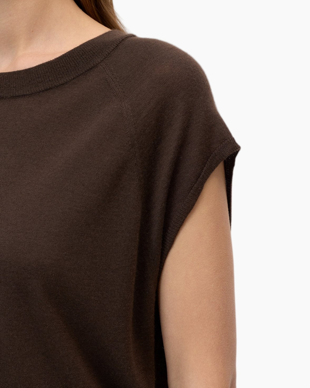 bruin, brei, mouwloos, schouder, top