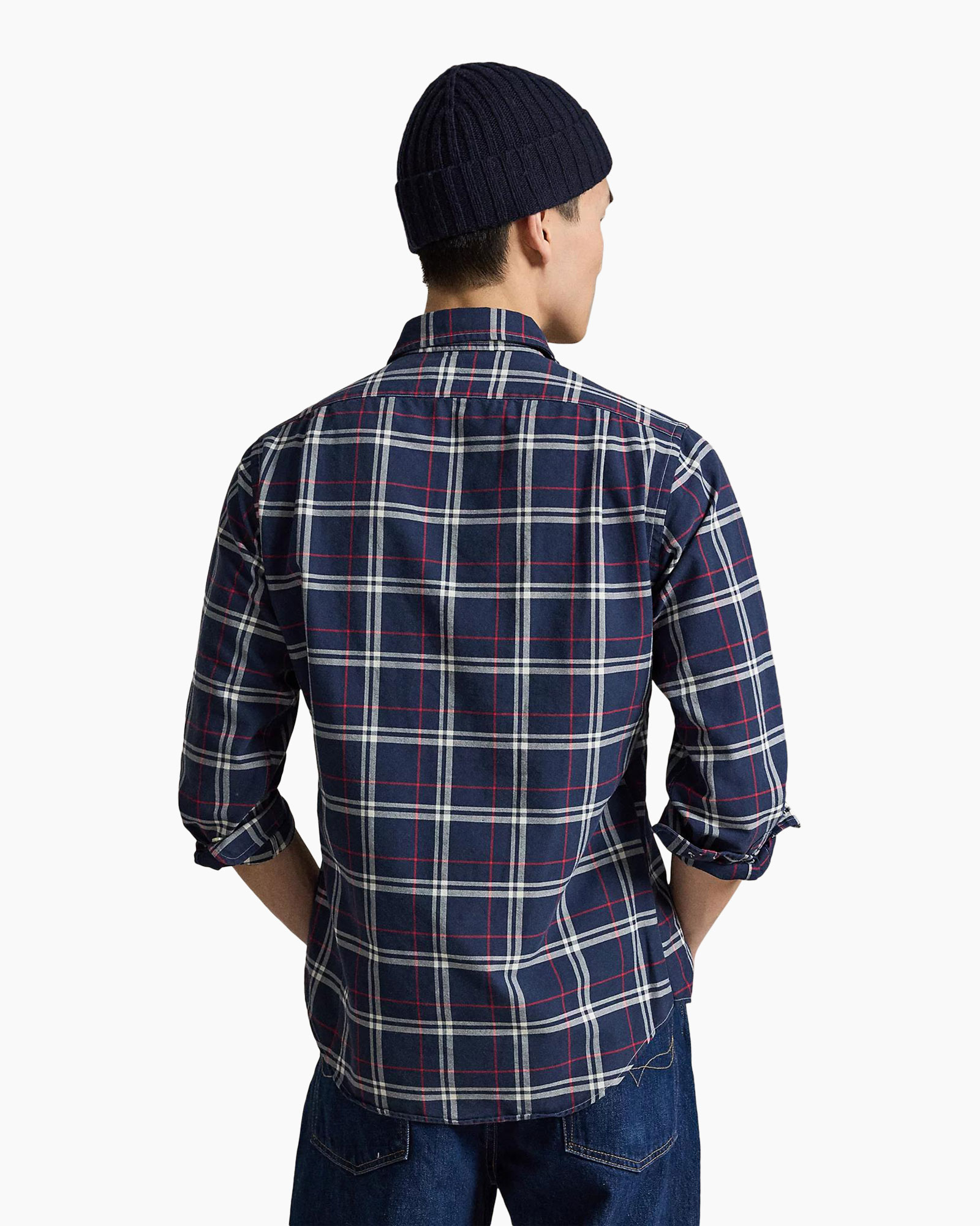 tafellakens patroon, overhemd met knopen, lange mouwen, marineblauw, casual kleding