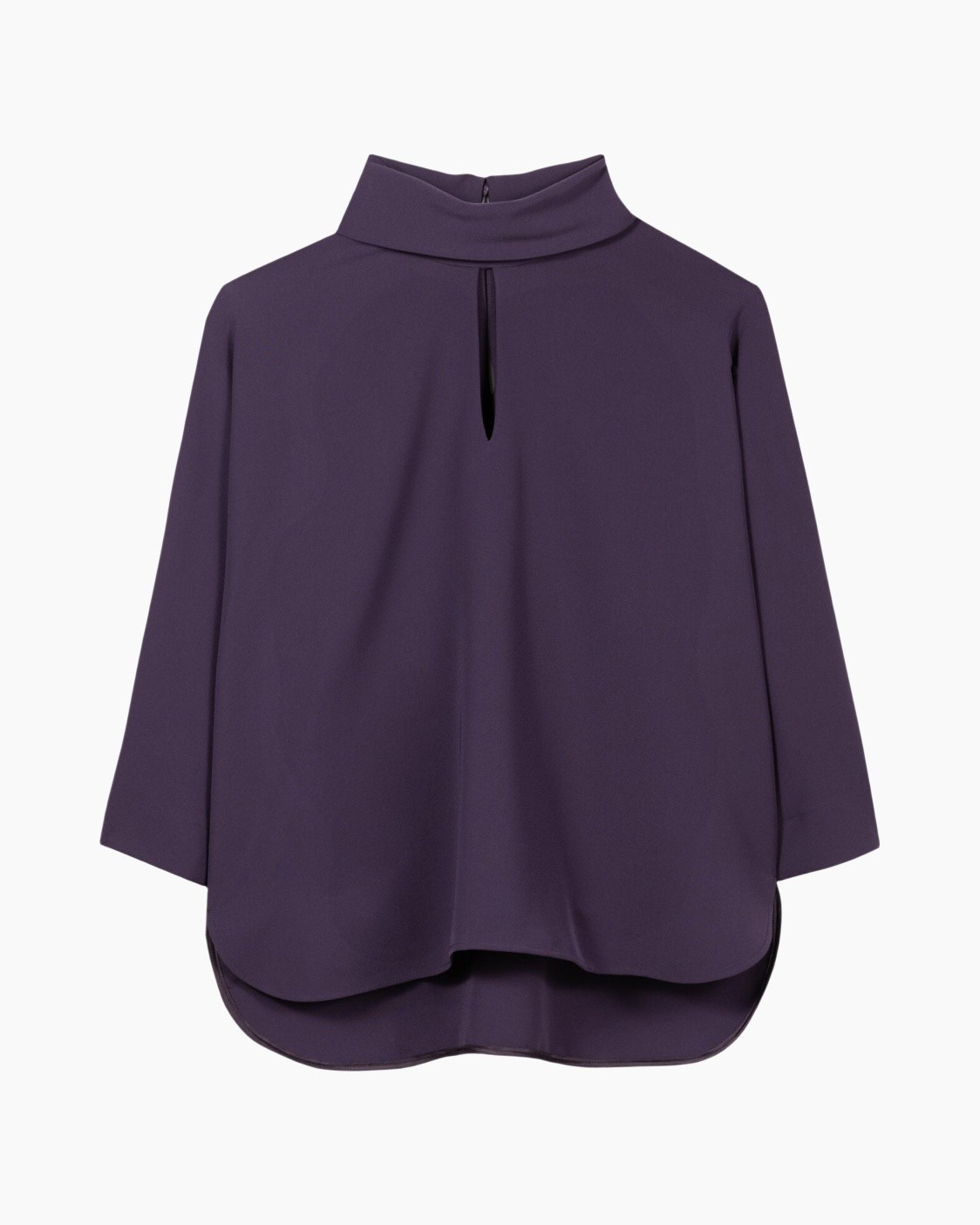 blouse, paars, halskraag, sleeveloos?, sleutelgat?, gebogen zoom