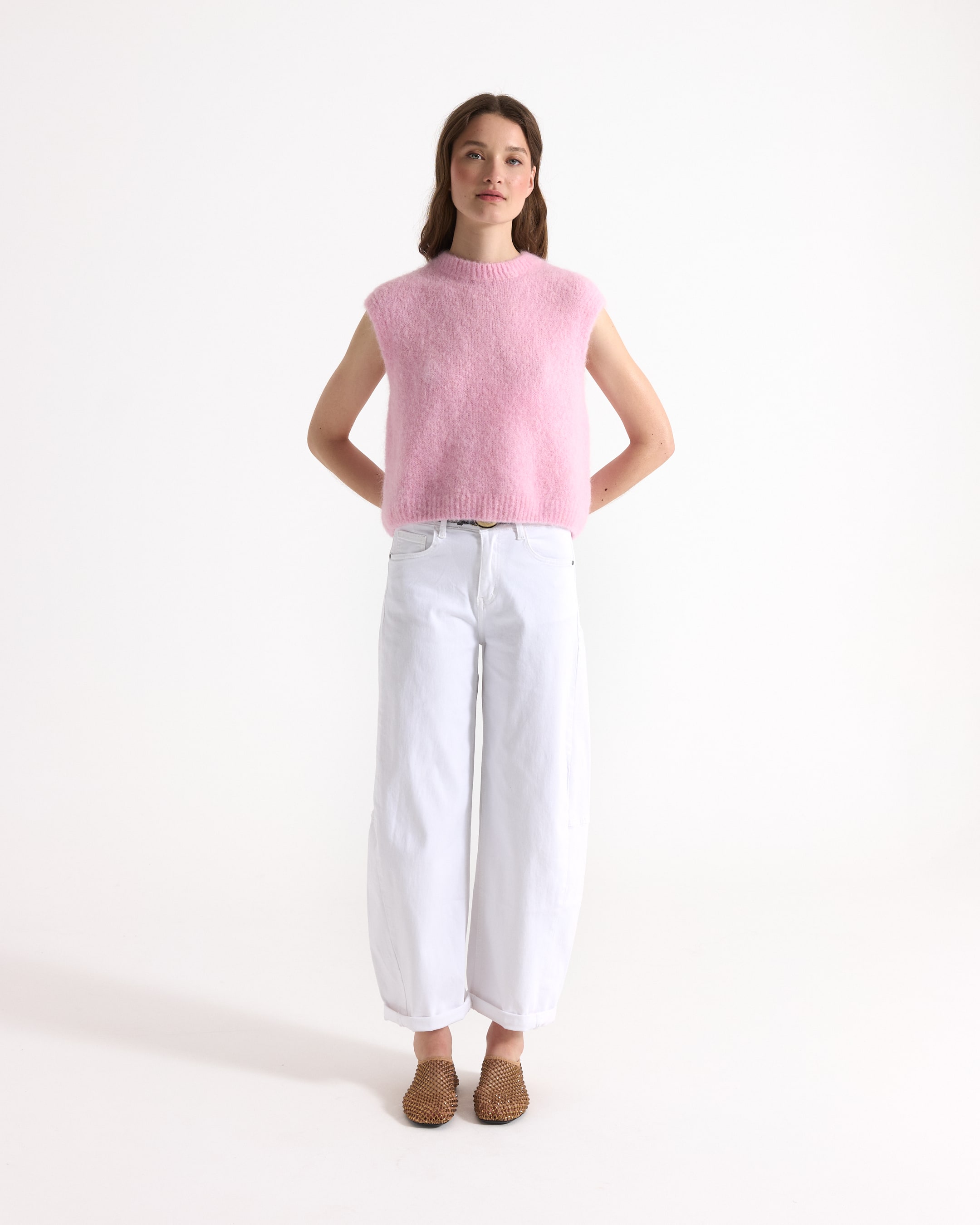 brei, mouwloos, roze, trui, zacht