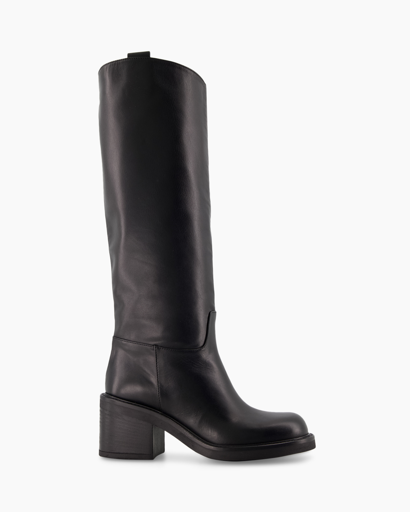 knee-high, boots, leer, zwart, blokhak