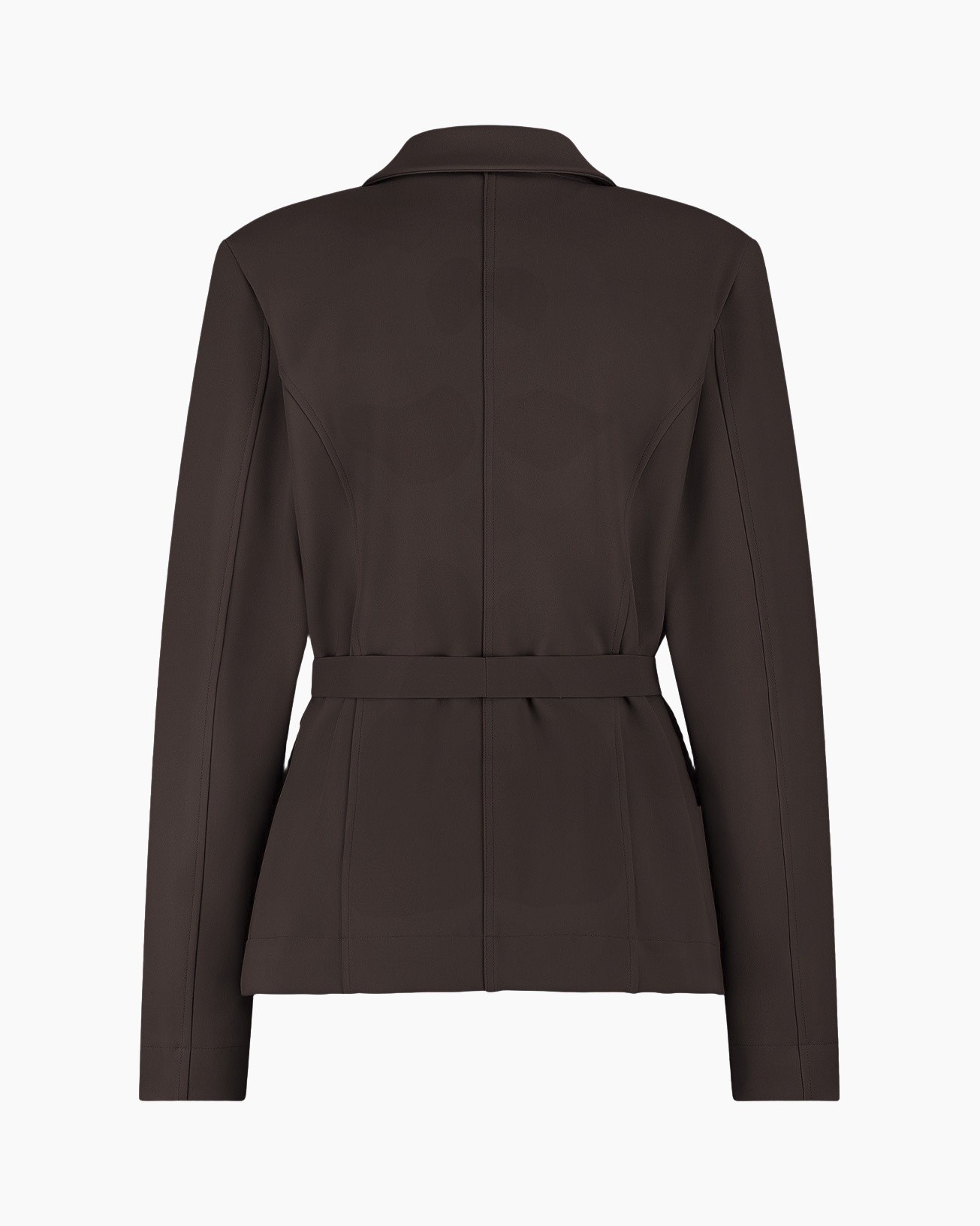 blazer, donkerbruin, riempje, achterkant, kraag