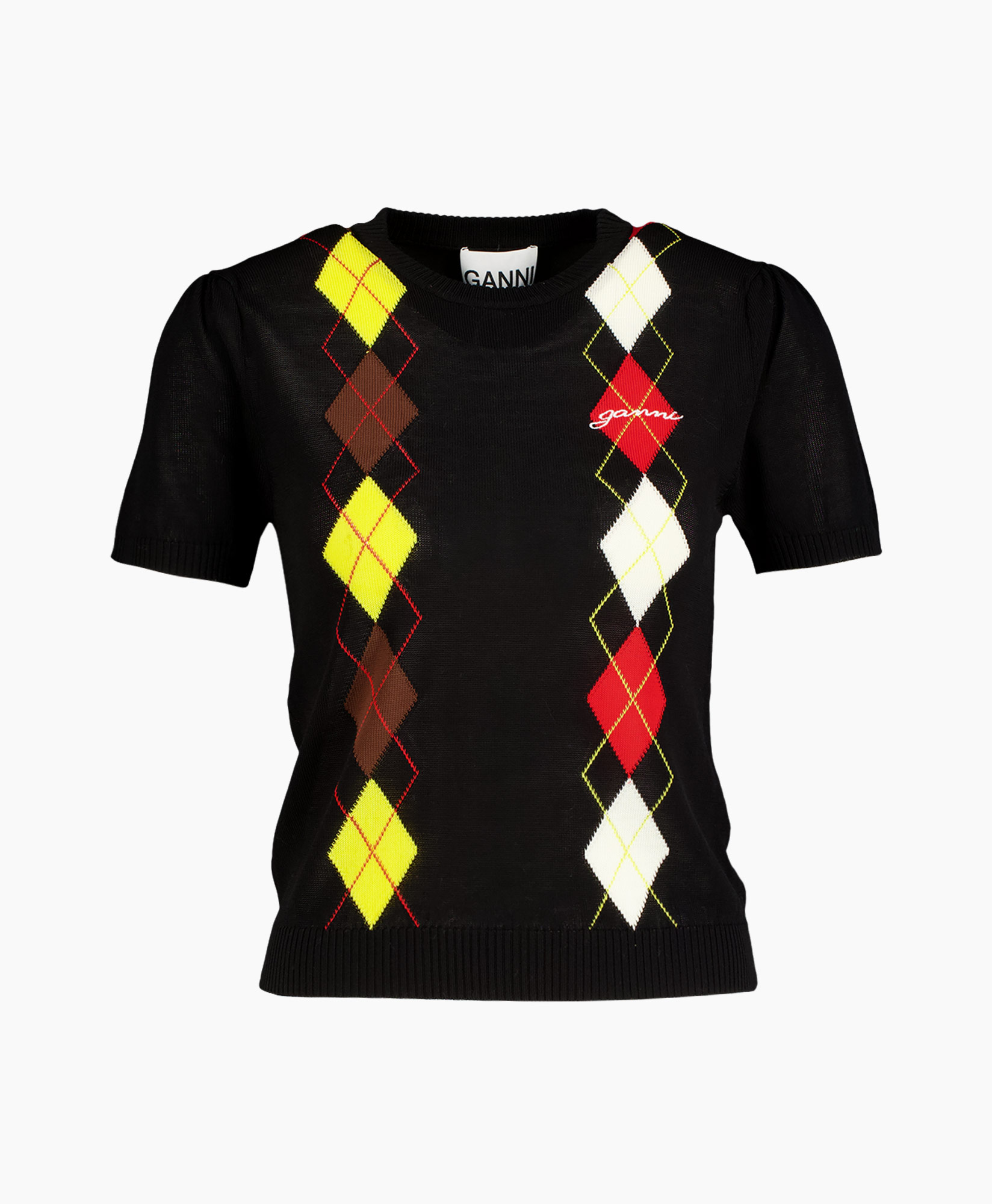 trui, argyle patroon, korte mouwen, zwart, kleurblokken