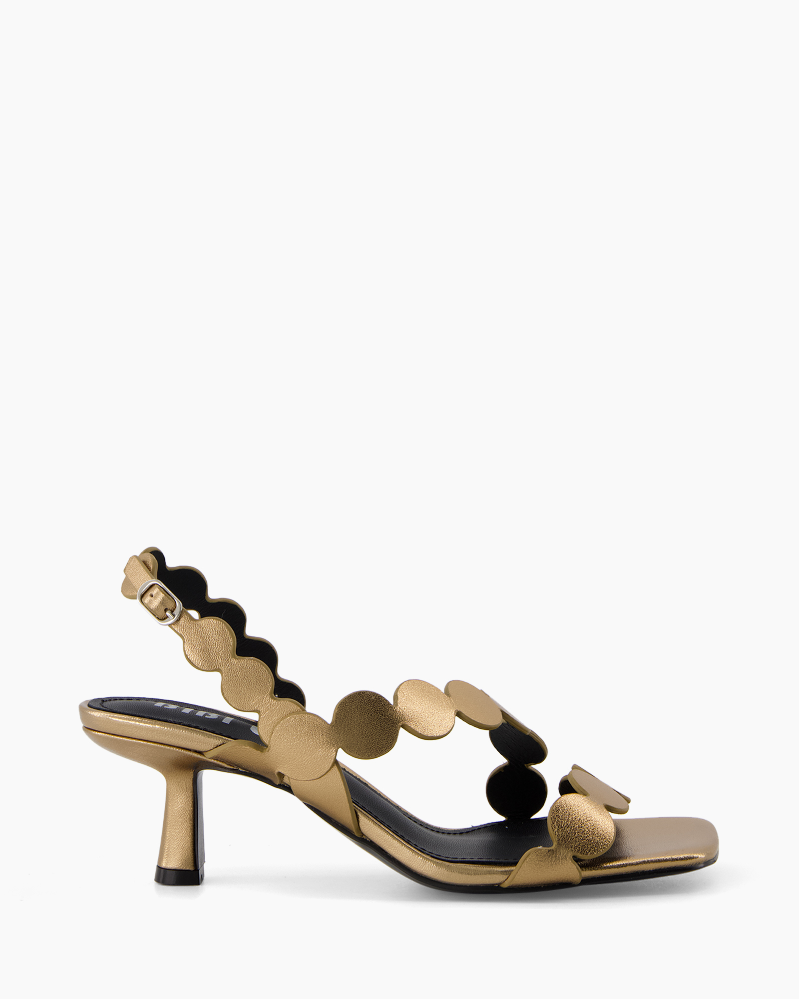 hoge hak sandaal, metallic sandaal, riem sandaal, goudkleurig, geplooide band