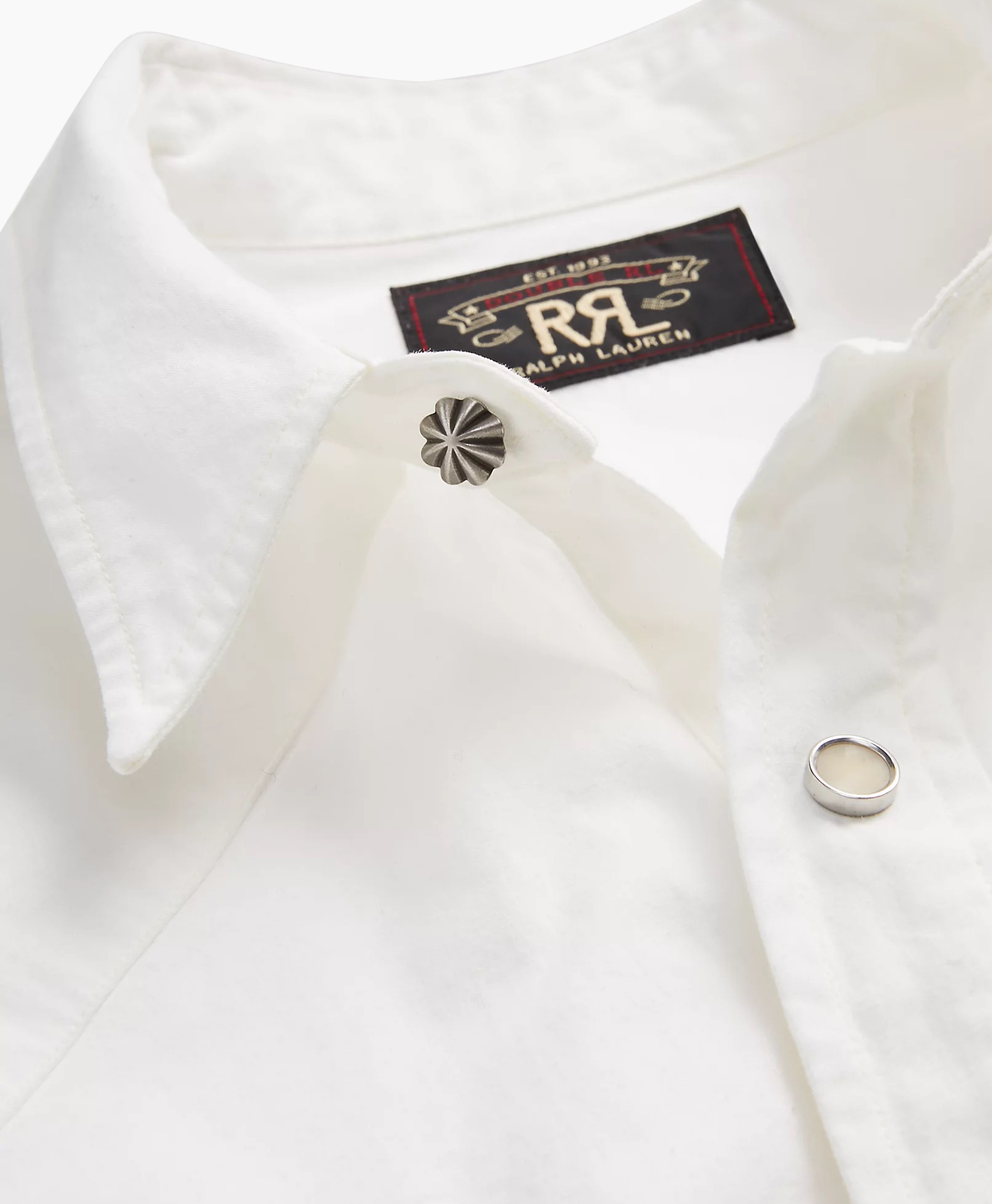 wit overhemd, kraag, metaalknop, bovenknop, label Ralph Lauren