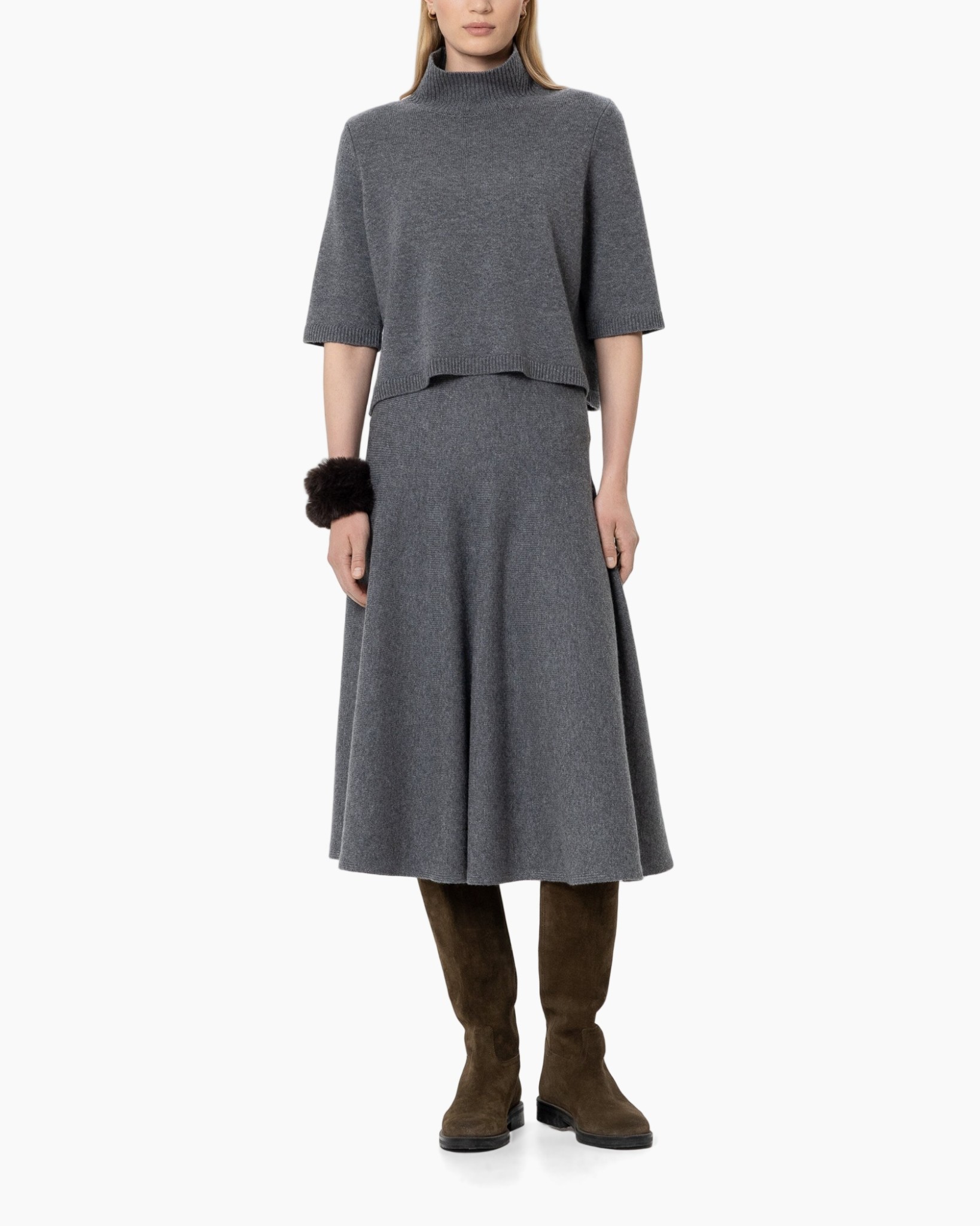 gebreide top, turtleneck, korte mouw, grijs, rok