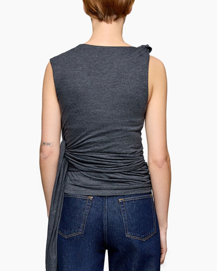 tanktop, top asymmetrisch, wrap detail, donkergrijs, breisel stof