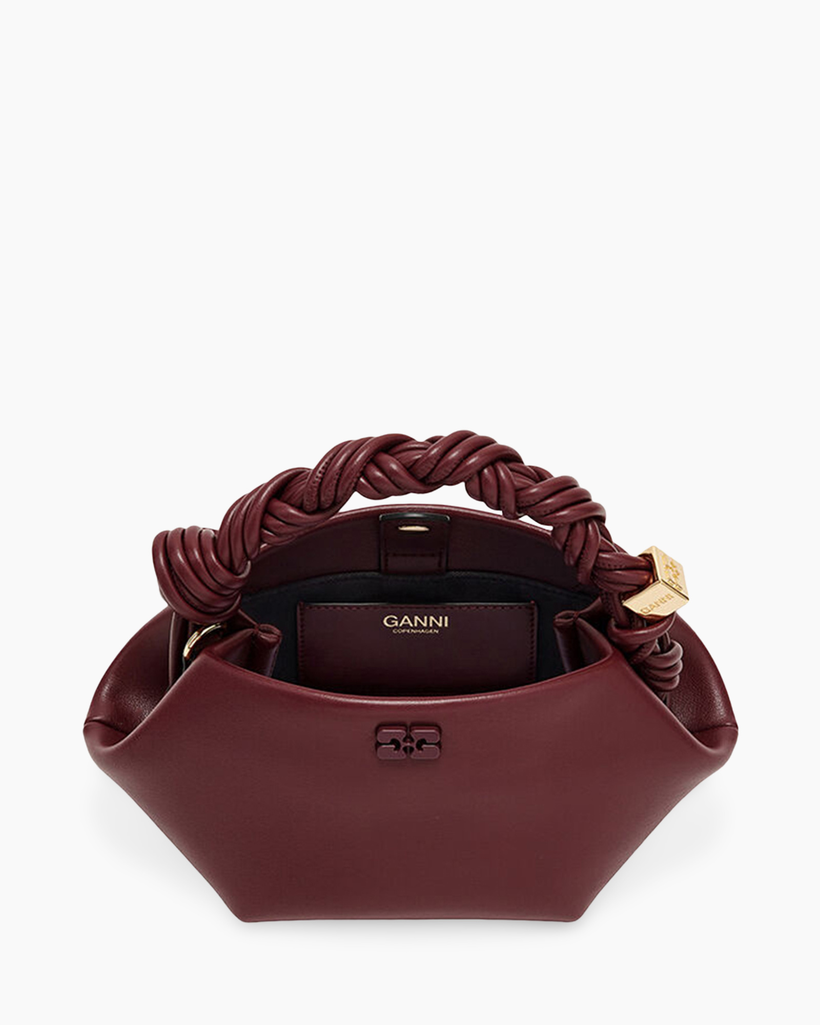 handbag, burgundy, top-handle, braided-strap, ganni-collection