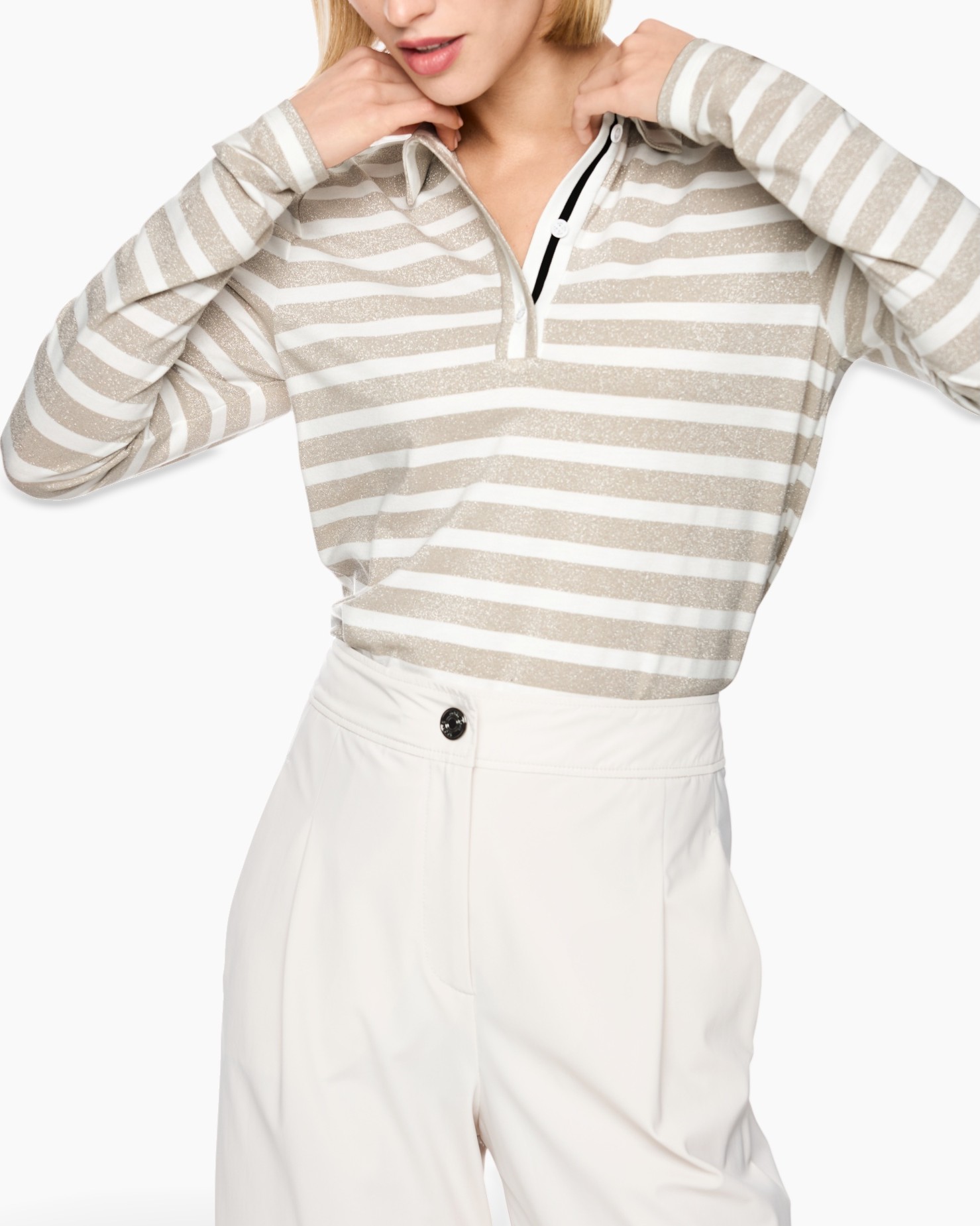 gestreept top, lange mouwen, kraag met knoop, glitter streep, hoge taille broek