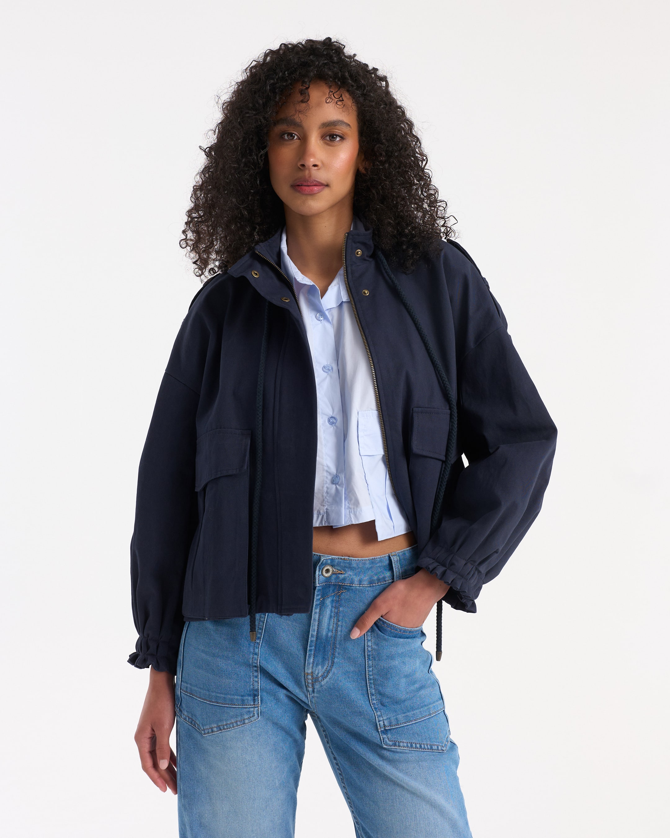 jacket, navy, windbreaker, pocketed, crop-top