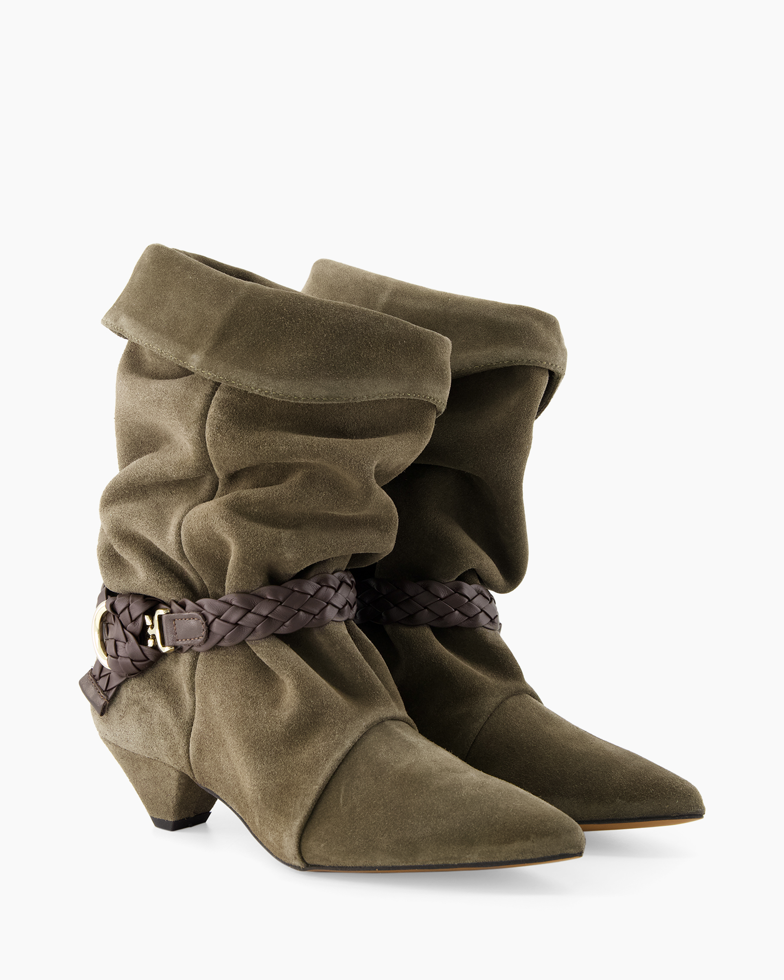 enkellaars, suede, bruin, gebraad riem, middelhoge hak