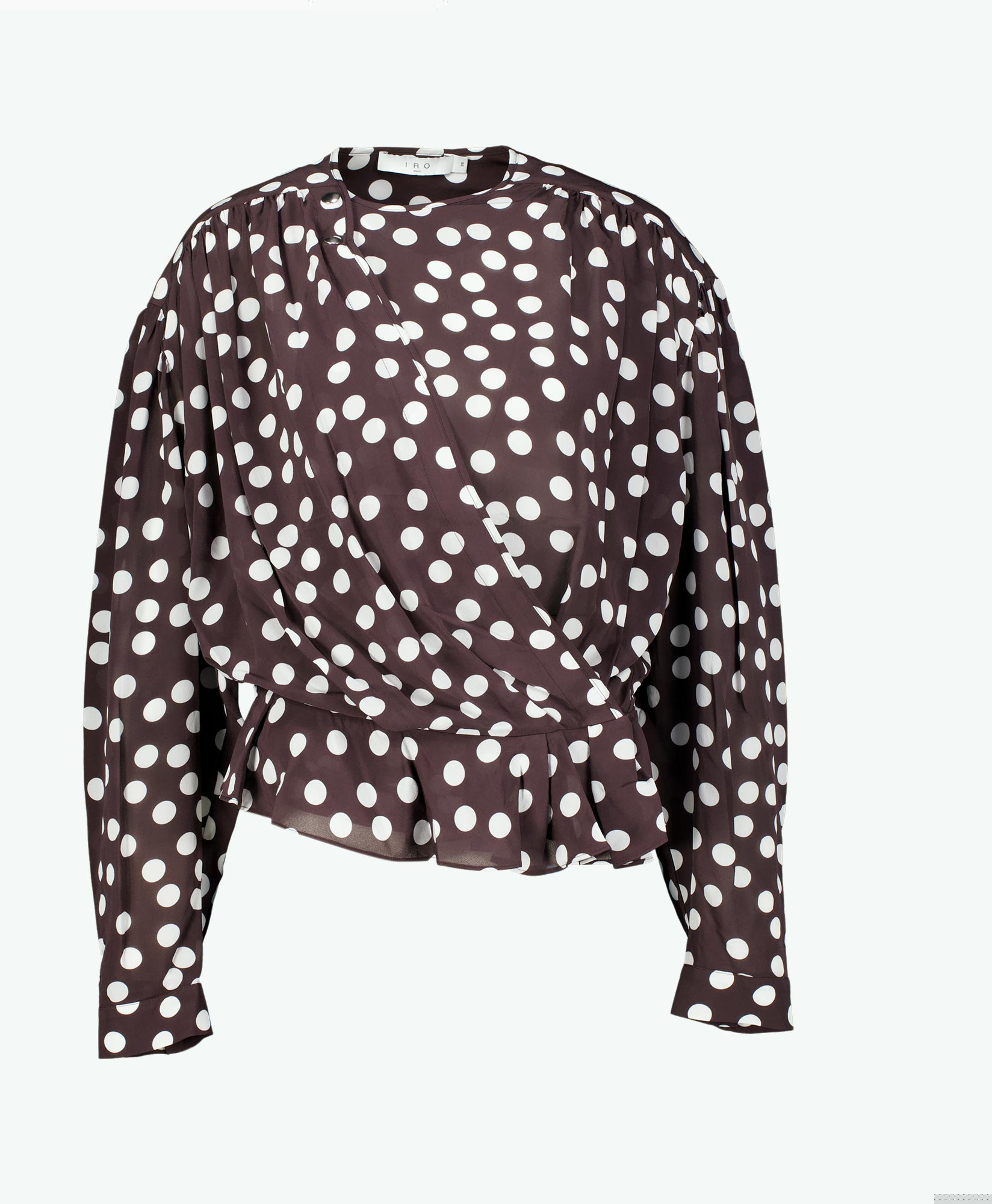 blouse, polka dot, wrap, lange mouwen, getailleerde