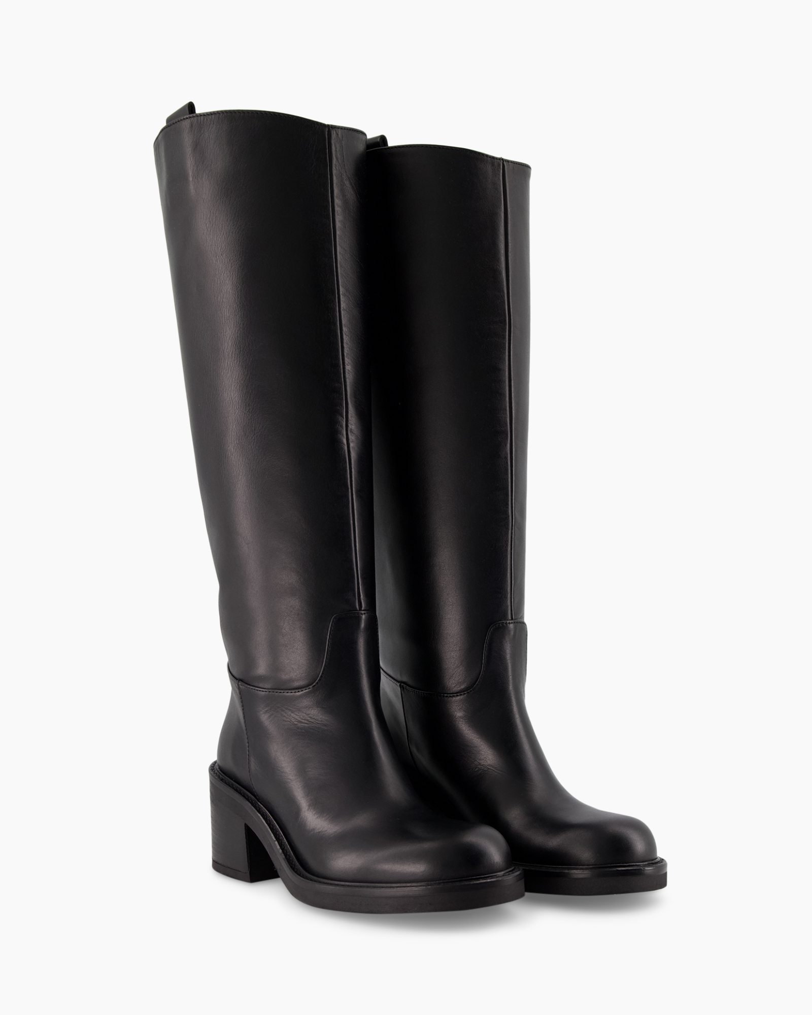 laarzen tot kniehoogte, zwart leer, middellaarzenhak, blokhak, schellook laarzen