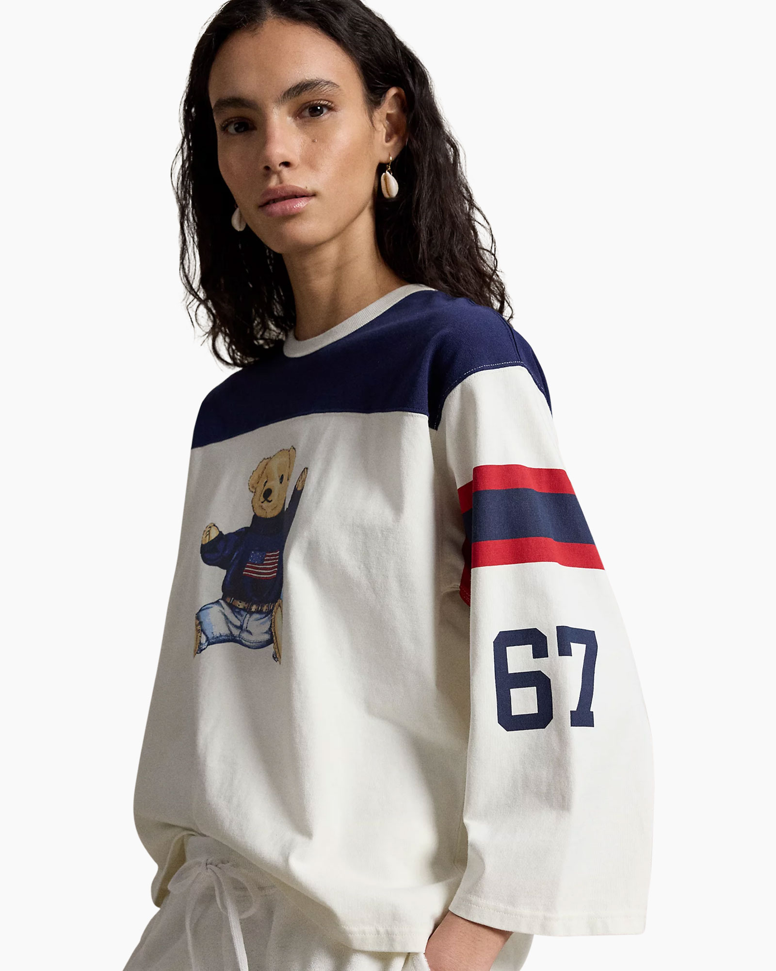 lange mouw, teddy-grafisch, crew-neck, driekwartmouw, gestreepte-detail