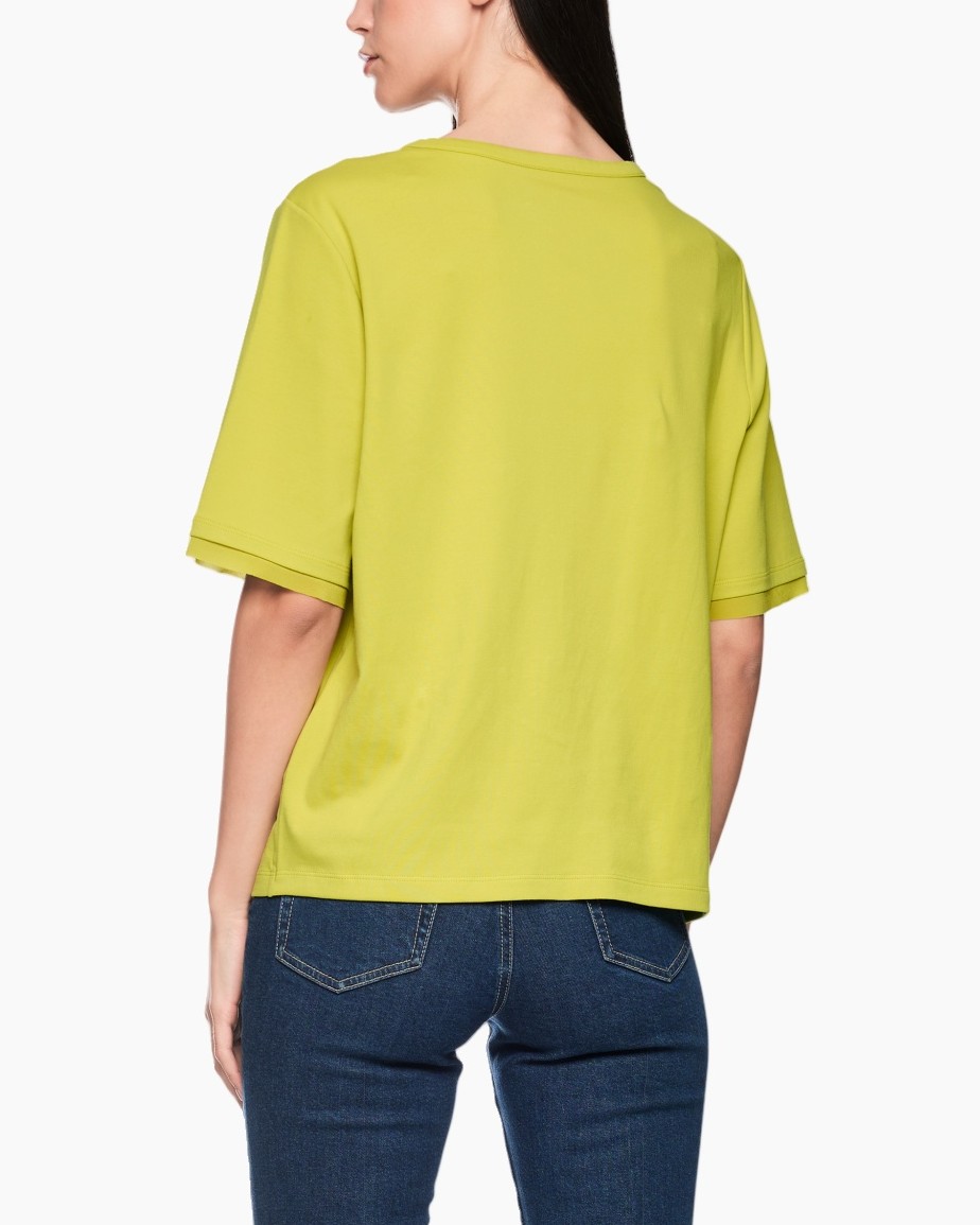 blouse, korte mouw, limegroen, plooidetail, ronde hals